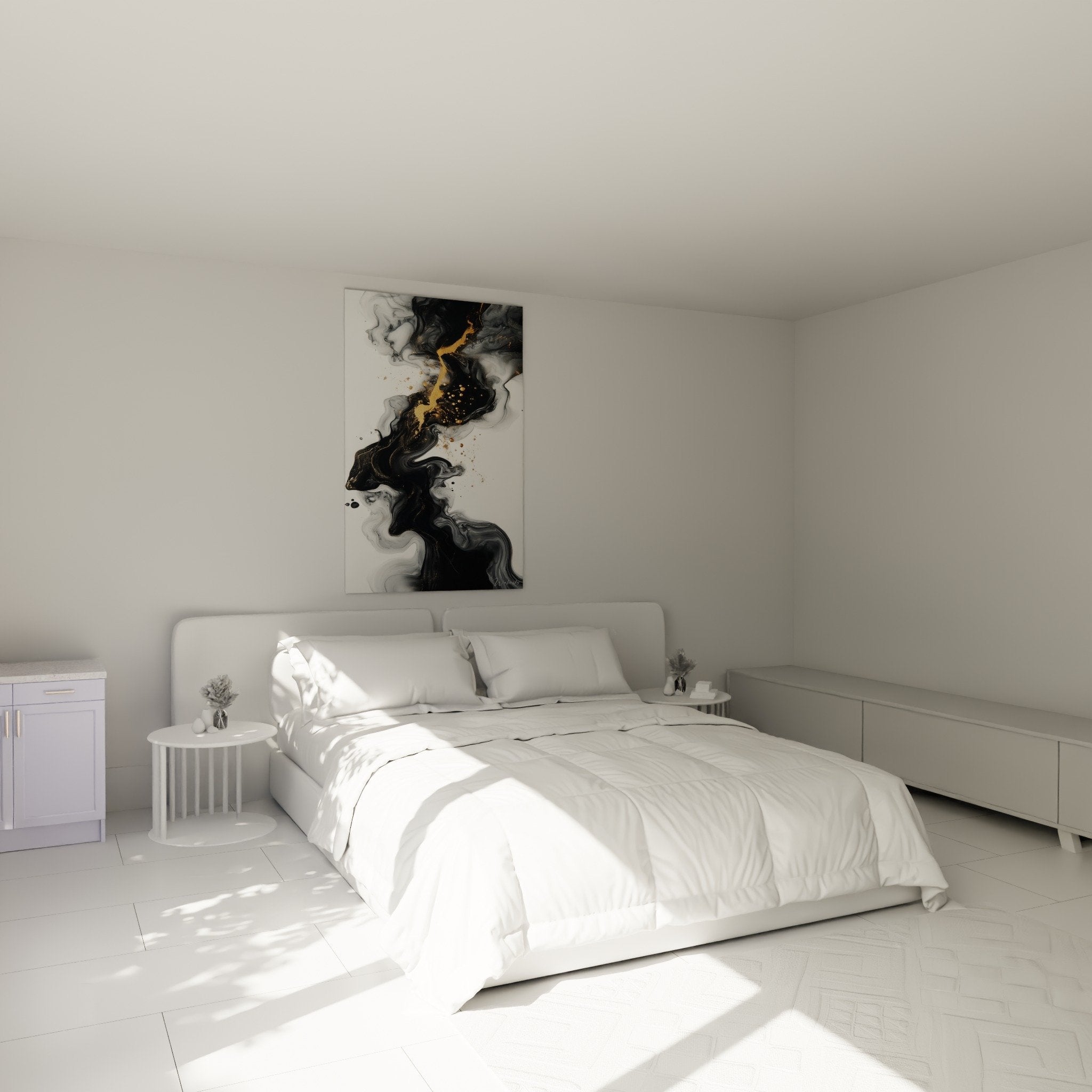 Abstract black white gold marble wall art decorating elegant modern bedroom