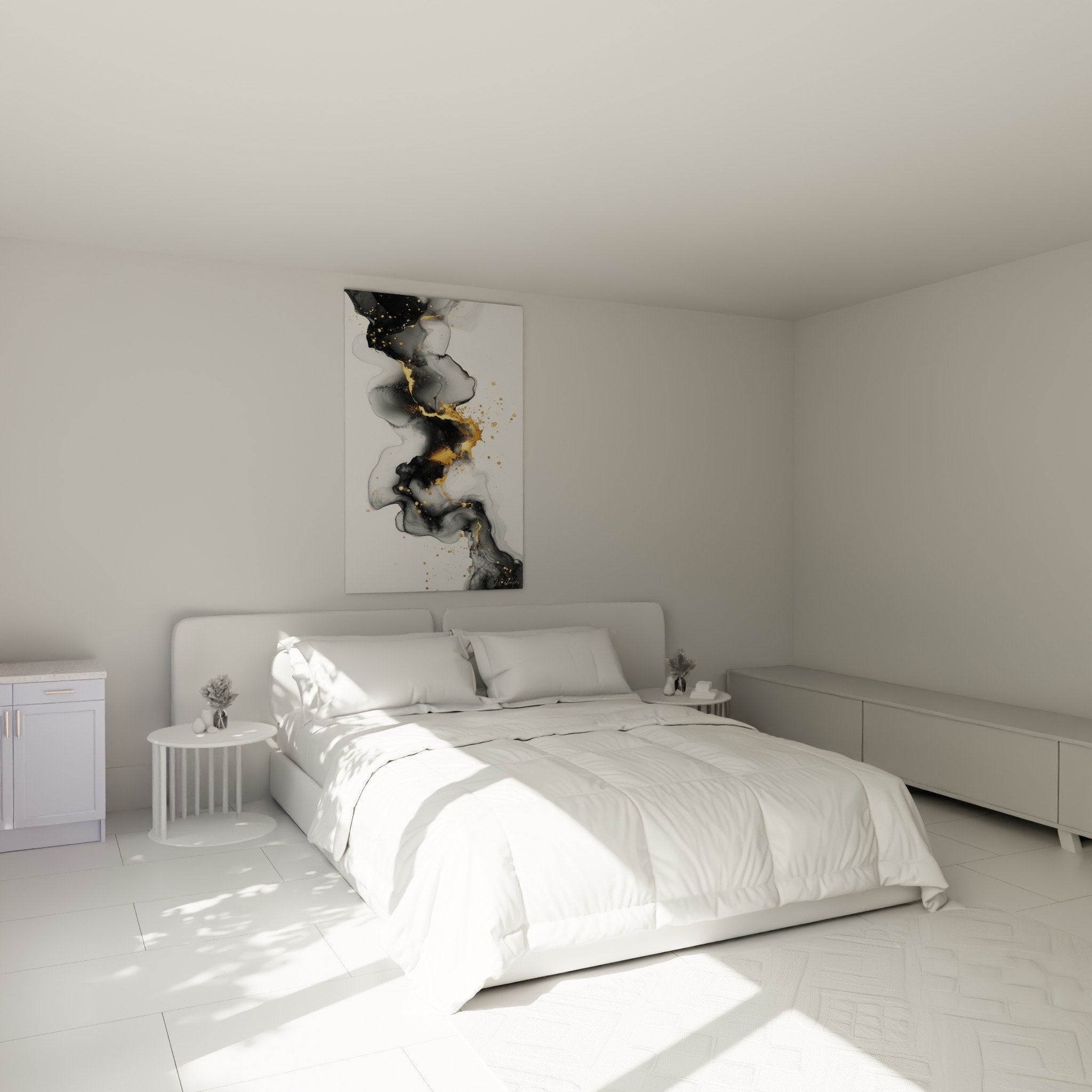 Tableau marbre abstrait gris doré dans chambre moderne, décoration murale sophistiquée ambiance cosy