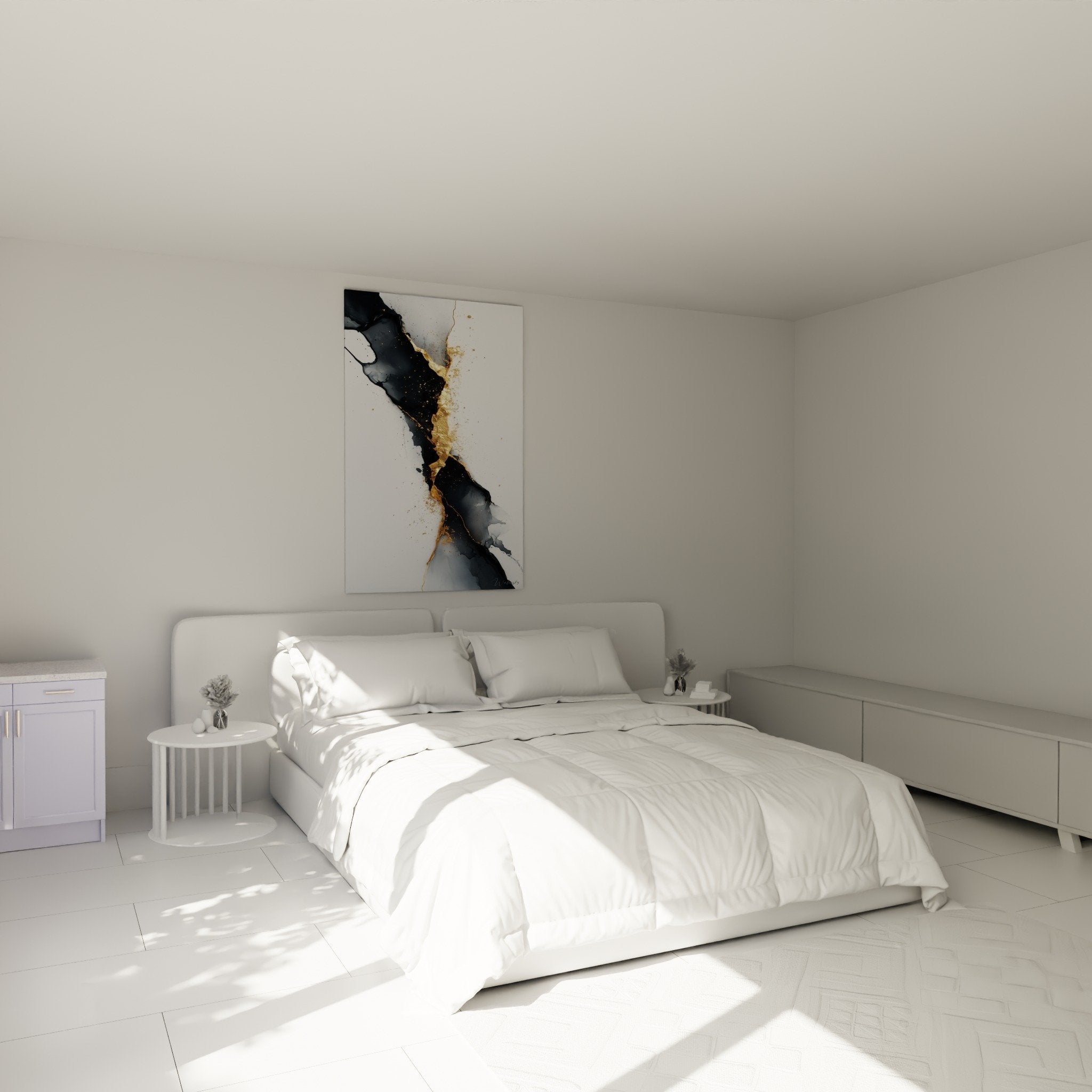 Décoration chambre moderne avec tableau marbre abstrait doré noir, ambiance sophistiquée élégante