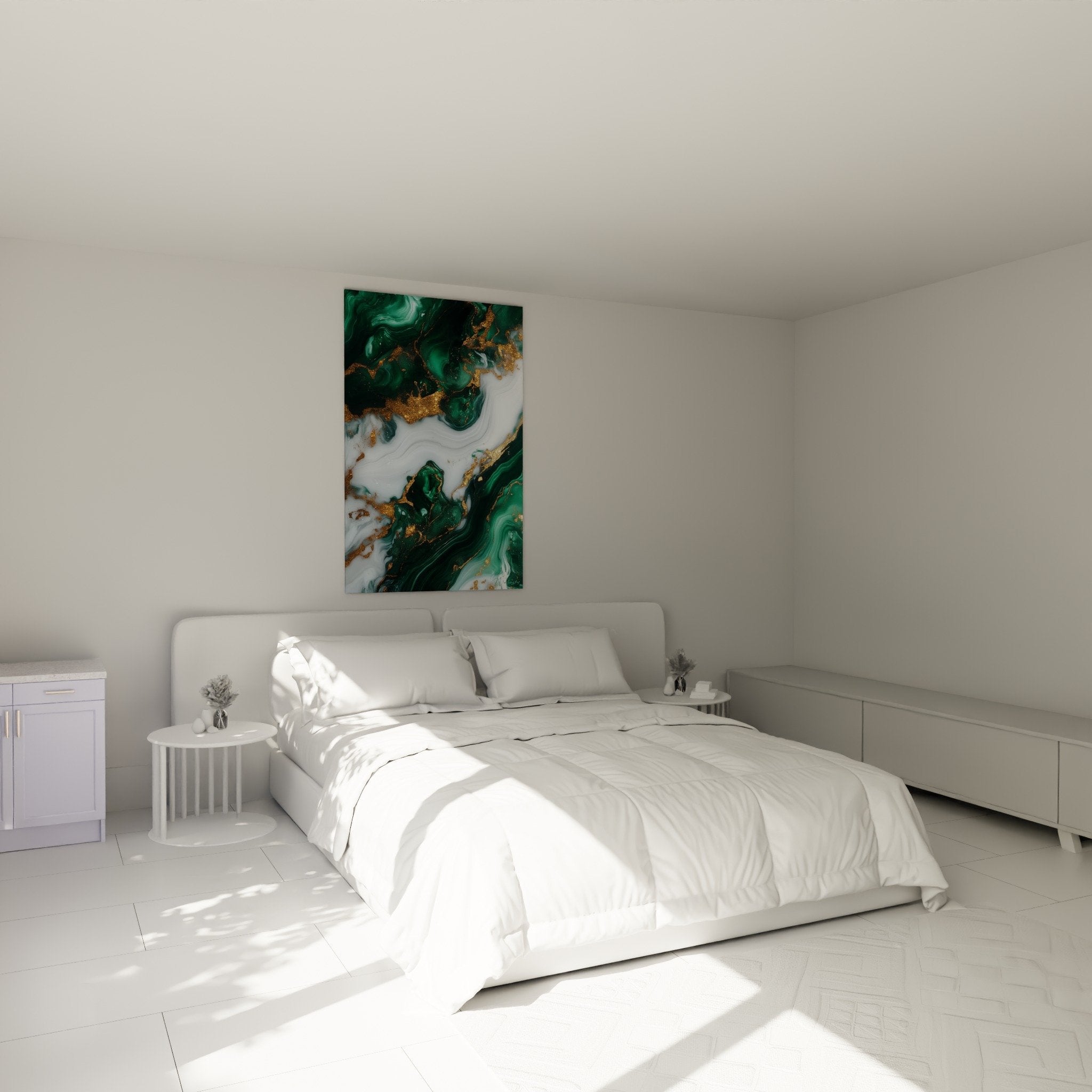 Décoration chambre avec tableau marbre abstrait émeraude et or créant ambiance raffinée et apaisante