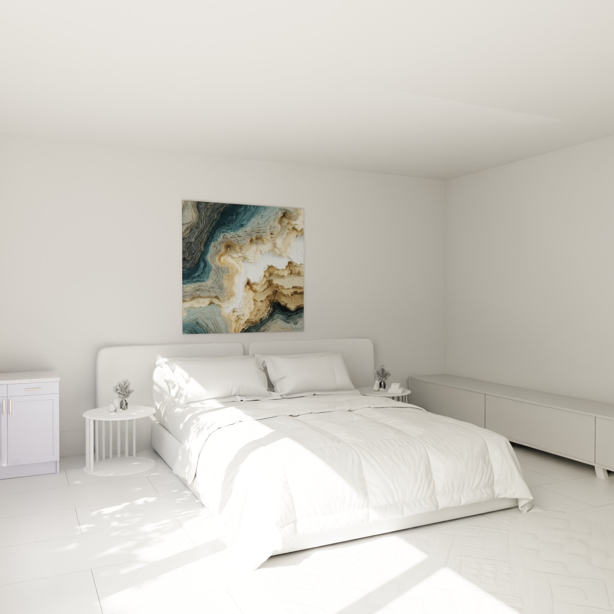 Bedroom decoration with abstract marble painting blue and beige layers above the bed