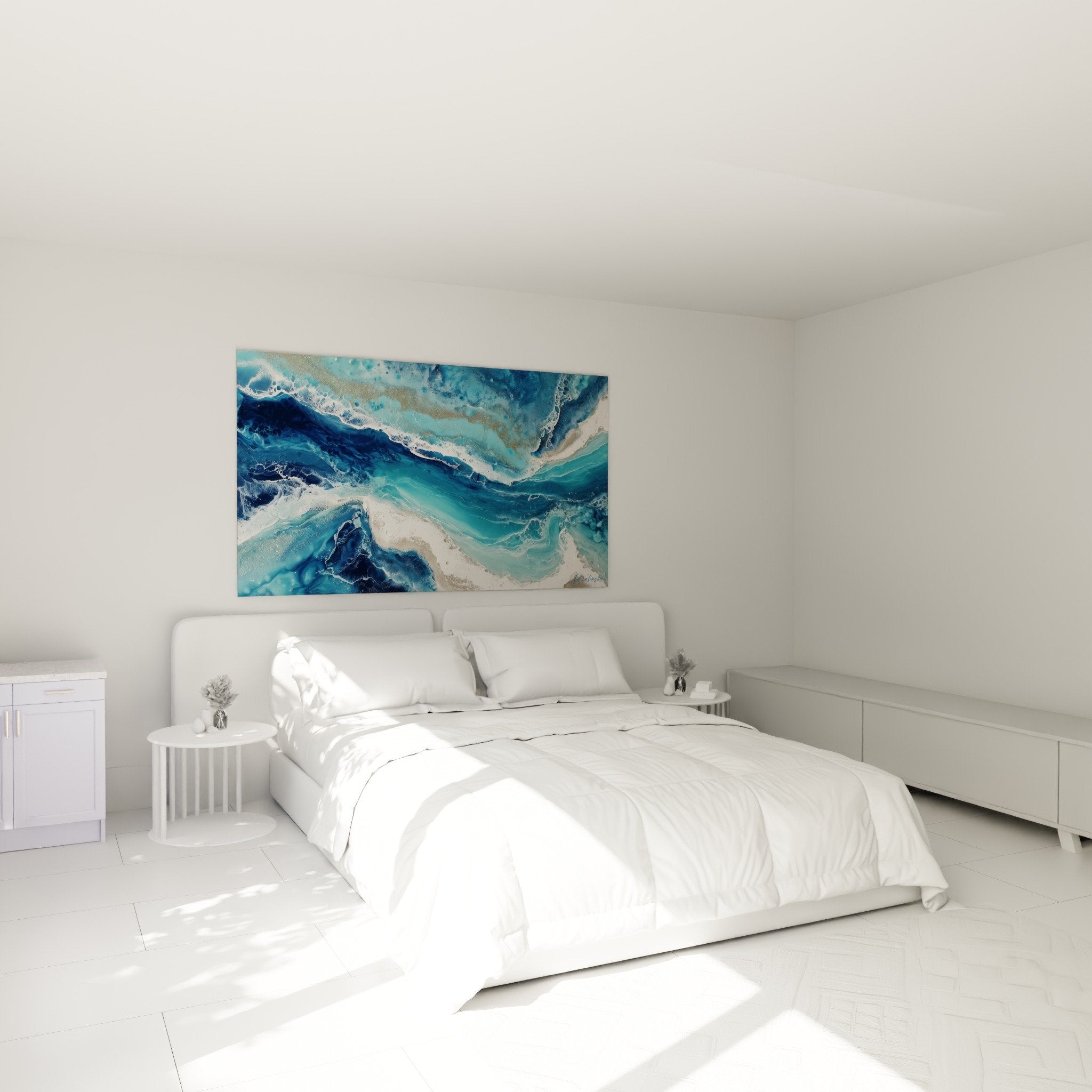 Bedroom decor with abstract turquoise marble wall art above modern bed zen atmosphere