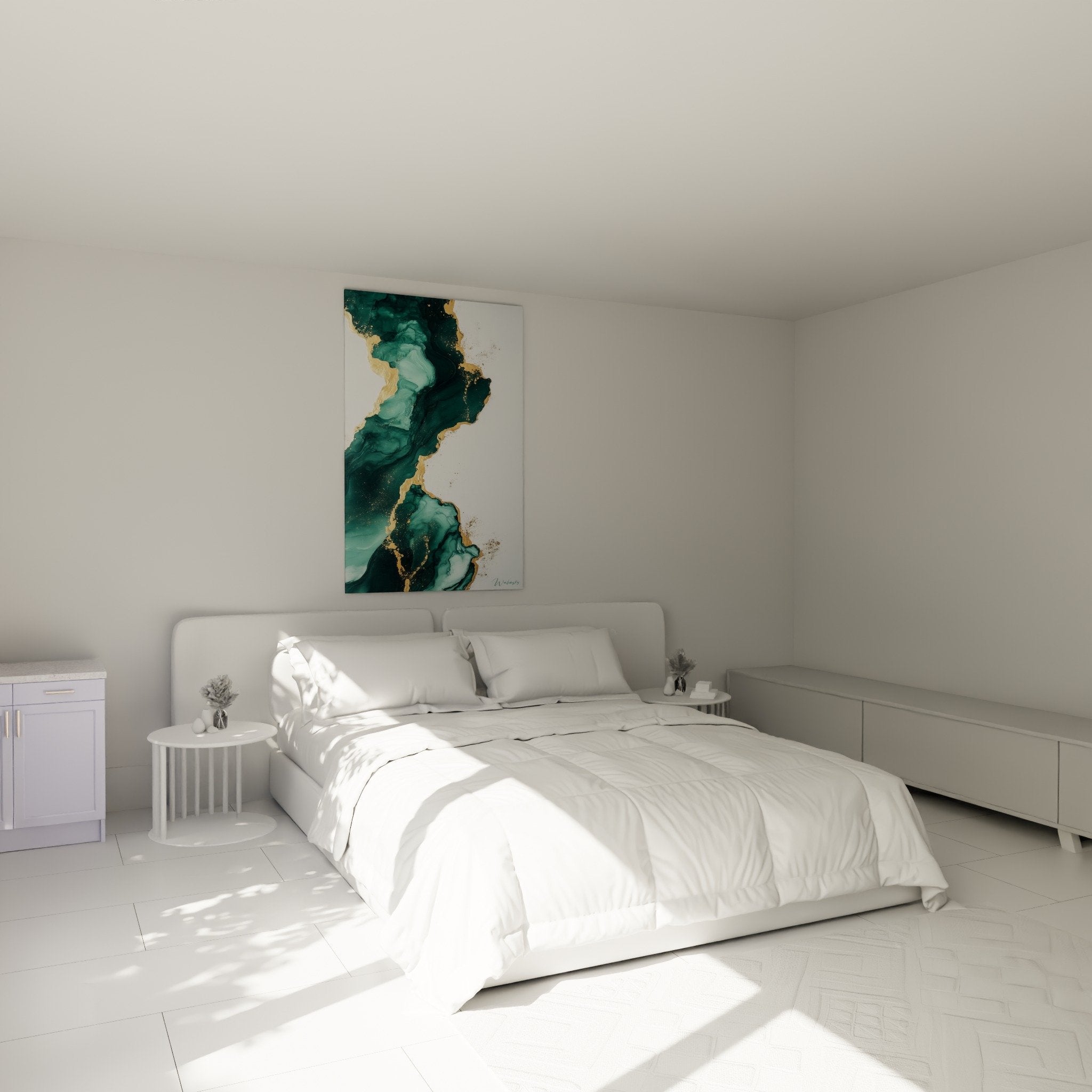 Décoration chambre avec tableau marbre abstrait turquoise or au-dessus du lit contemporain