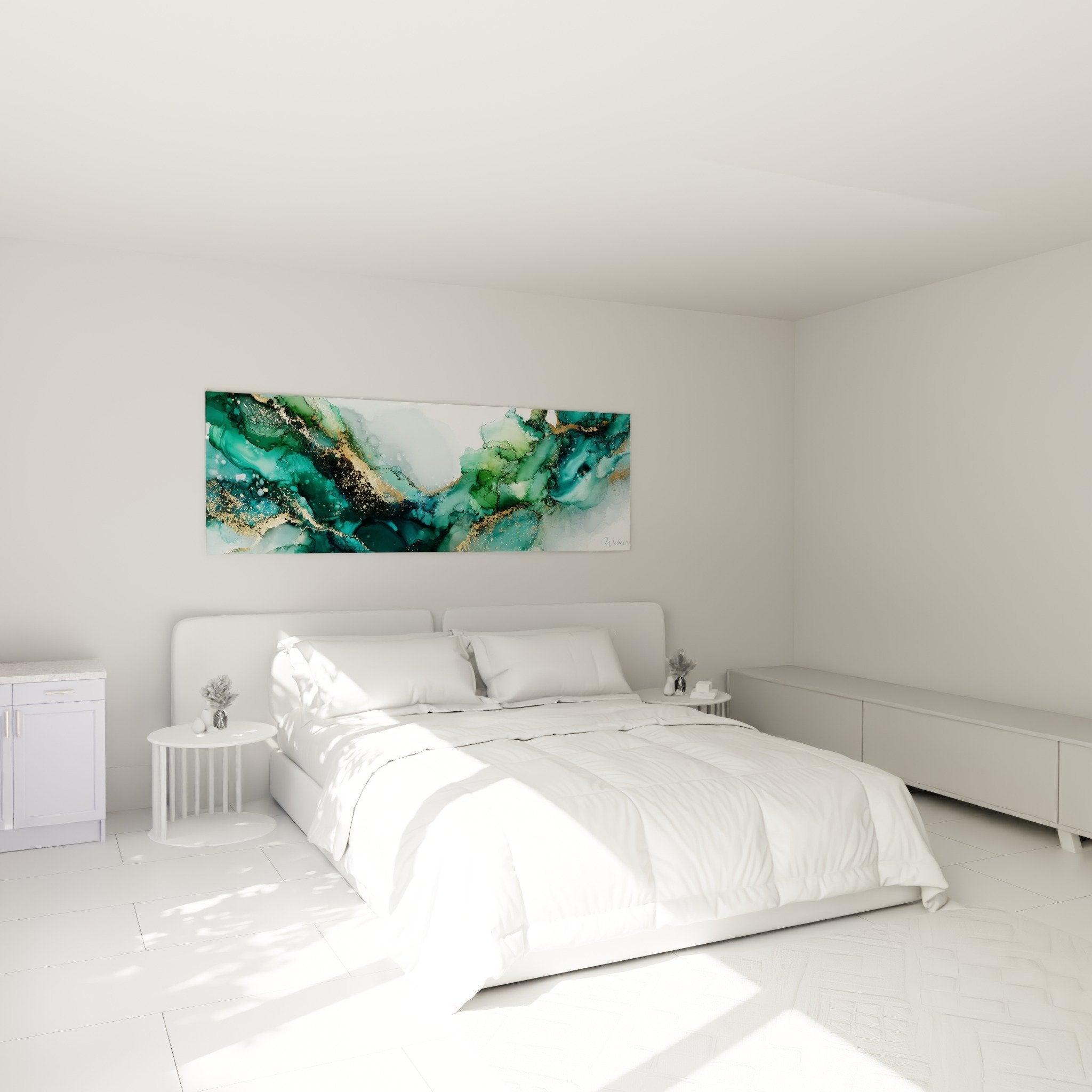 Décoration chambre avec tableau marbre abstrait turquoise et or au-dessus du lit pour ambiance apaisante