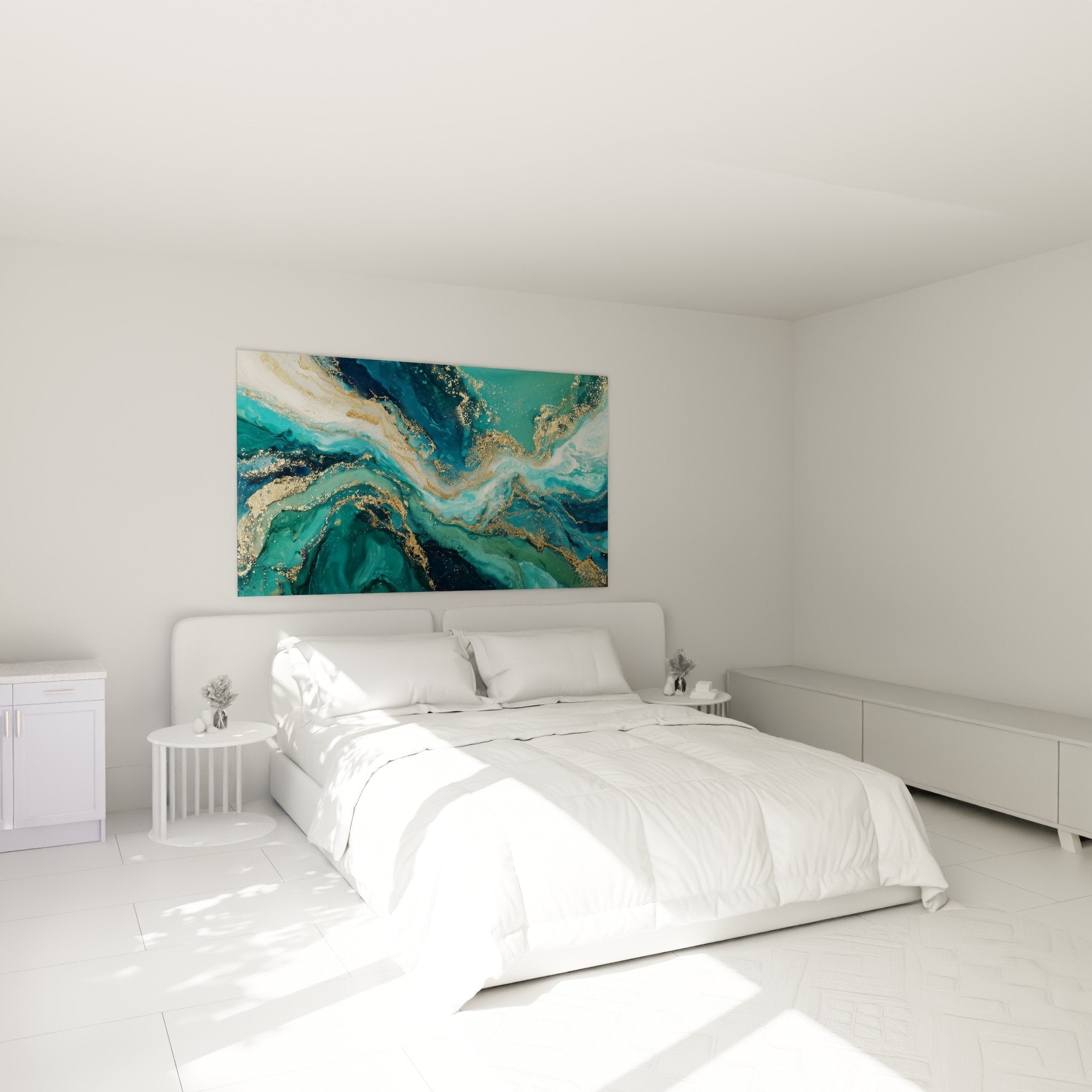 Décoration chambre avec tableau marbre abstrait turquoise doré créant ambiance apaisante et sophistiquée