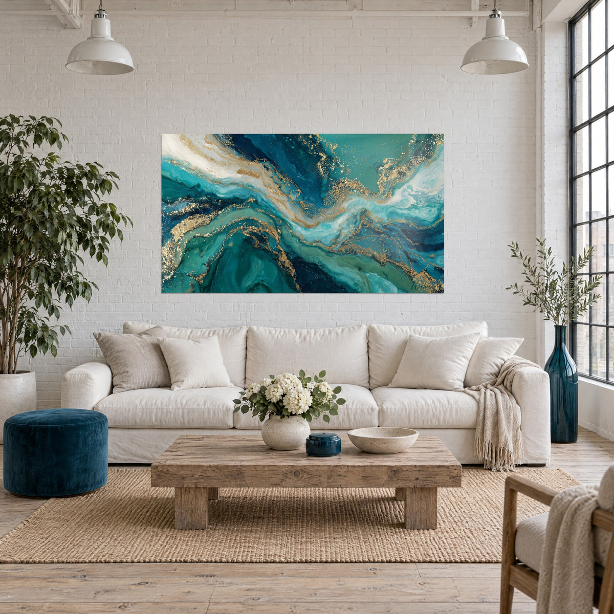 Schilderij met vloeiend turquoise marmer en glinsterende gouden aders, witte bakstenen muur, boven een bank in een lichte woonkamer