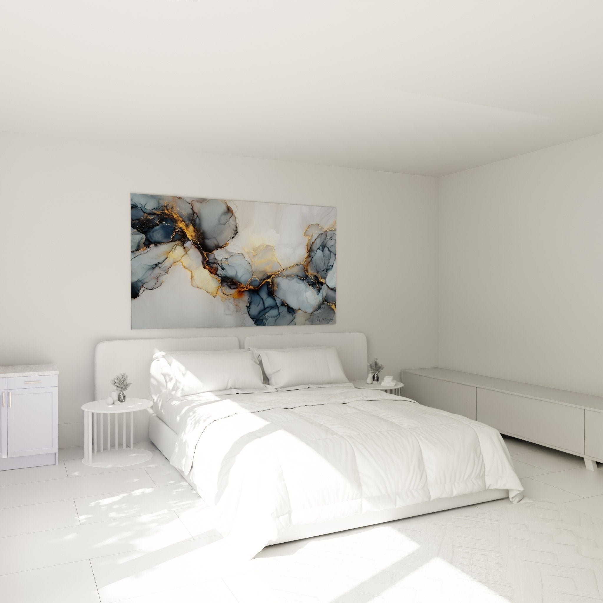 Décoration murale chambre avec tableau marbre abstrait bleu et or créant ambiance apaisante