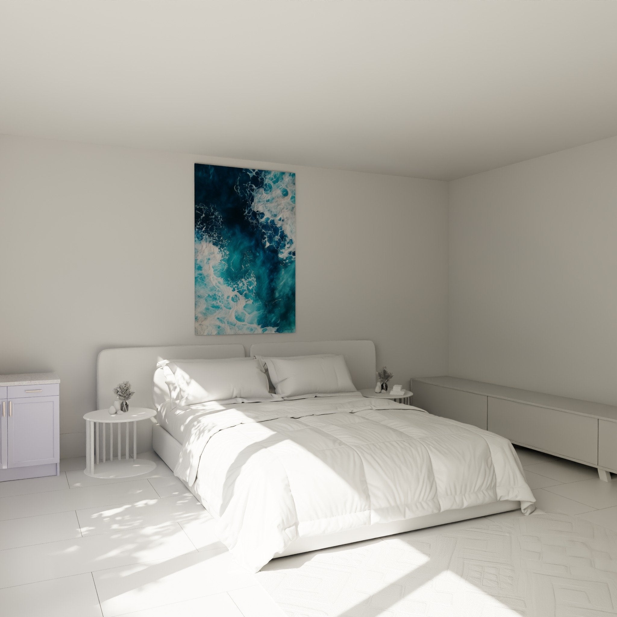 Decoration chambre avec tableau marbre bleu profond et veines blanches, ambiance apaisante et moderne
