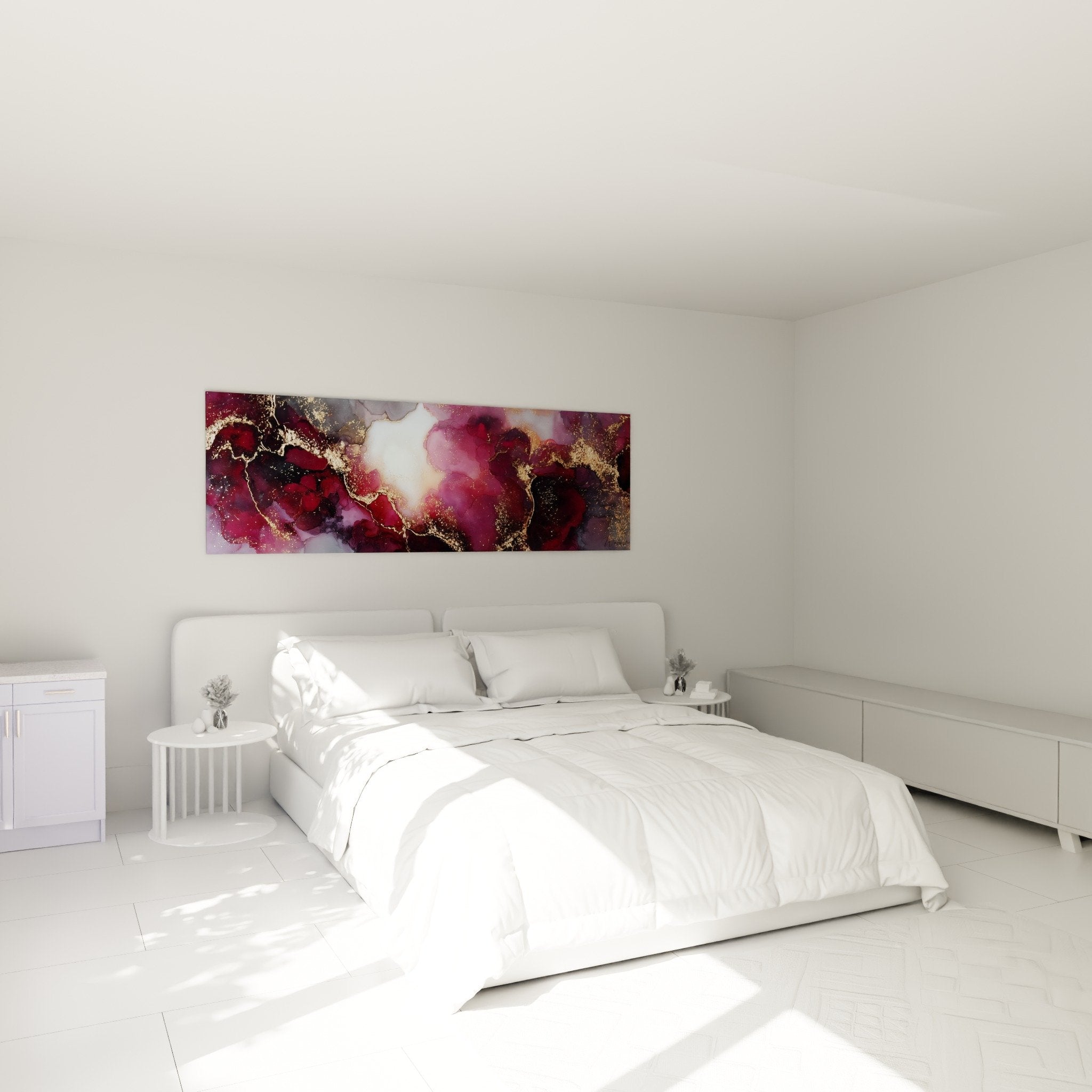 Décoration chambre avec tableau marbre abstrait violet et or au-dessus du lit
