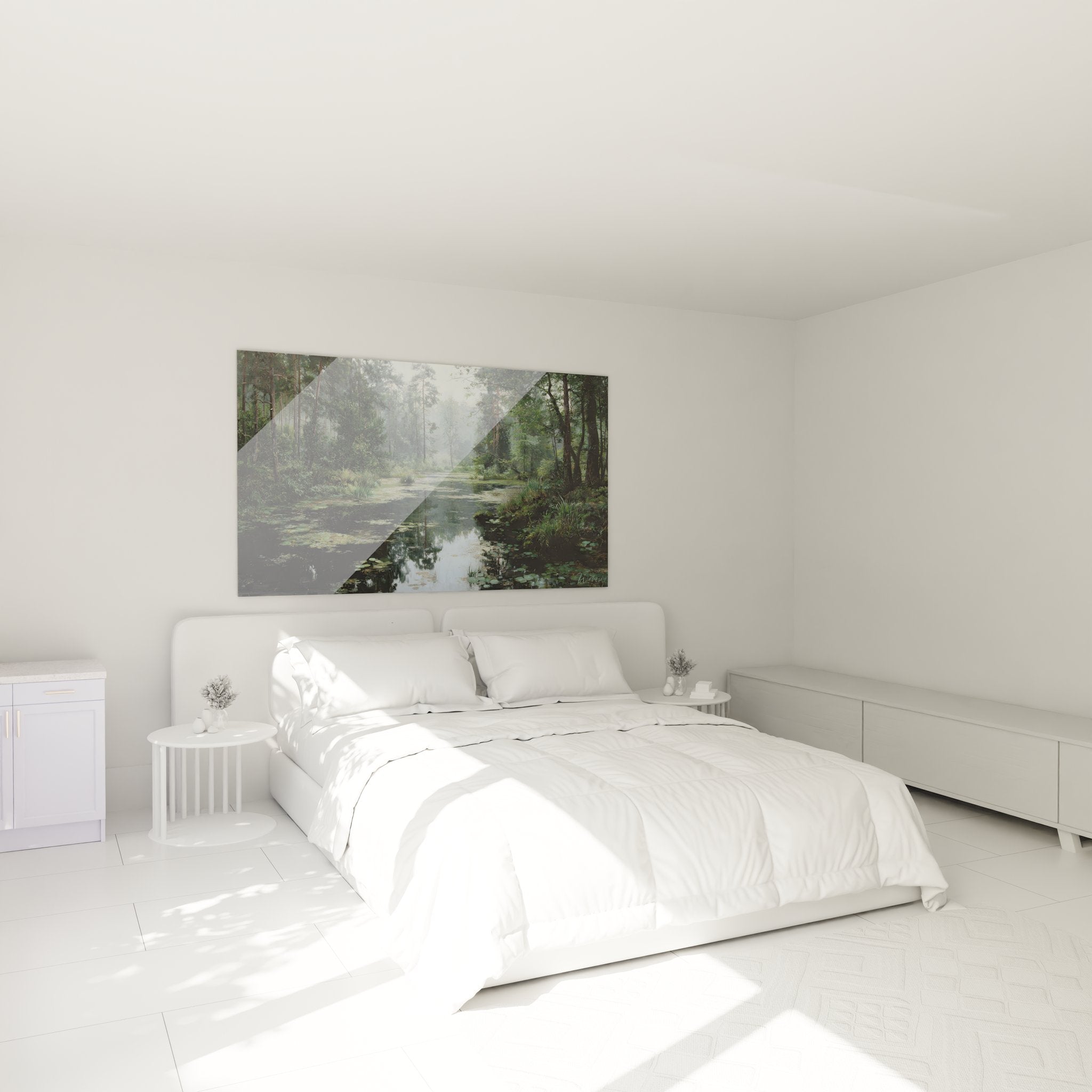 Déco chambre tableau forêt marécageuse, ambiance nature aquatique avec étang boisé et reflets