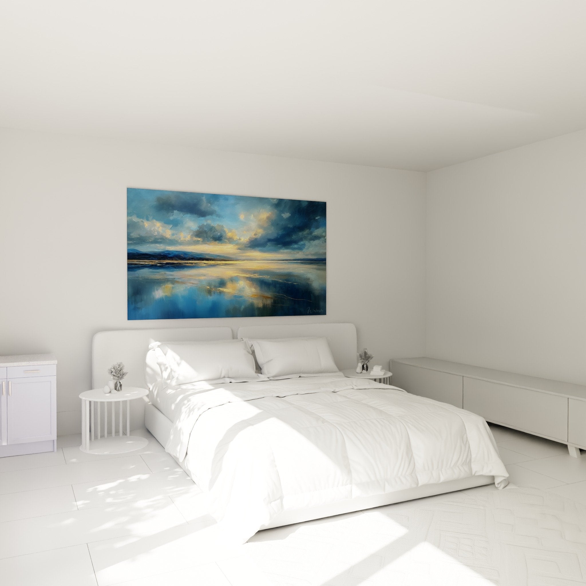 Deco chambre tableau marin bleu dore ambiance zen feng shui nord eau reflets lumineux apaisants