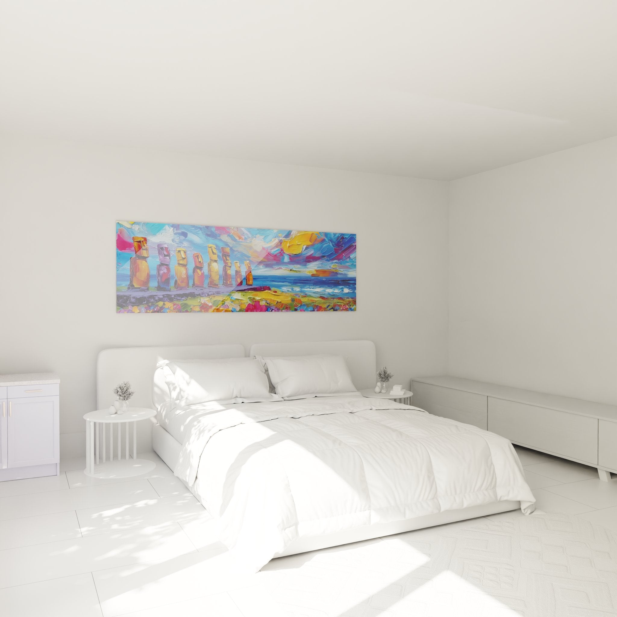 Décoration chambre avec tableau moaï coloré île de Pâques, ambiance moderne art polynésien mural