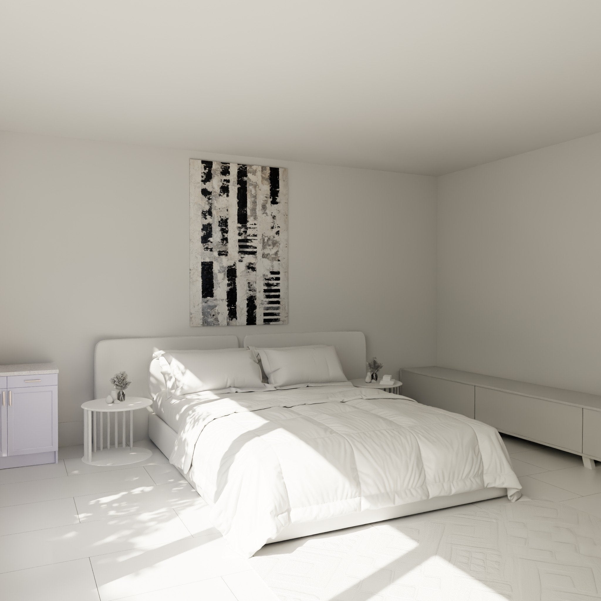Modern bedroom wall art abstract black white gray painting contemporary soothing atmosphere
