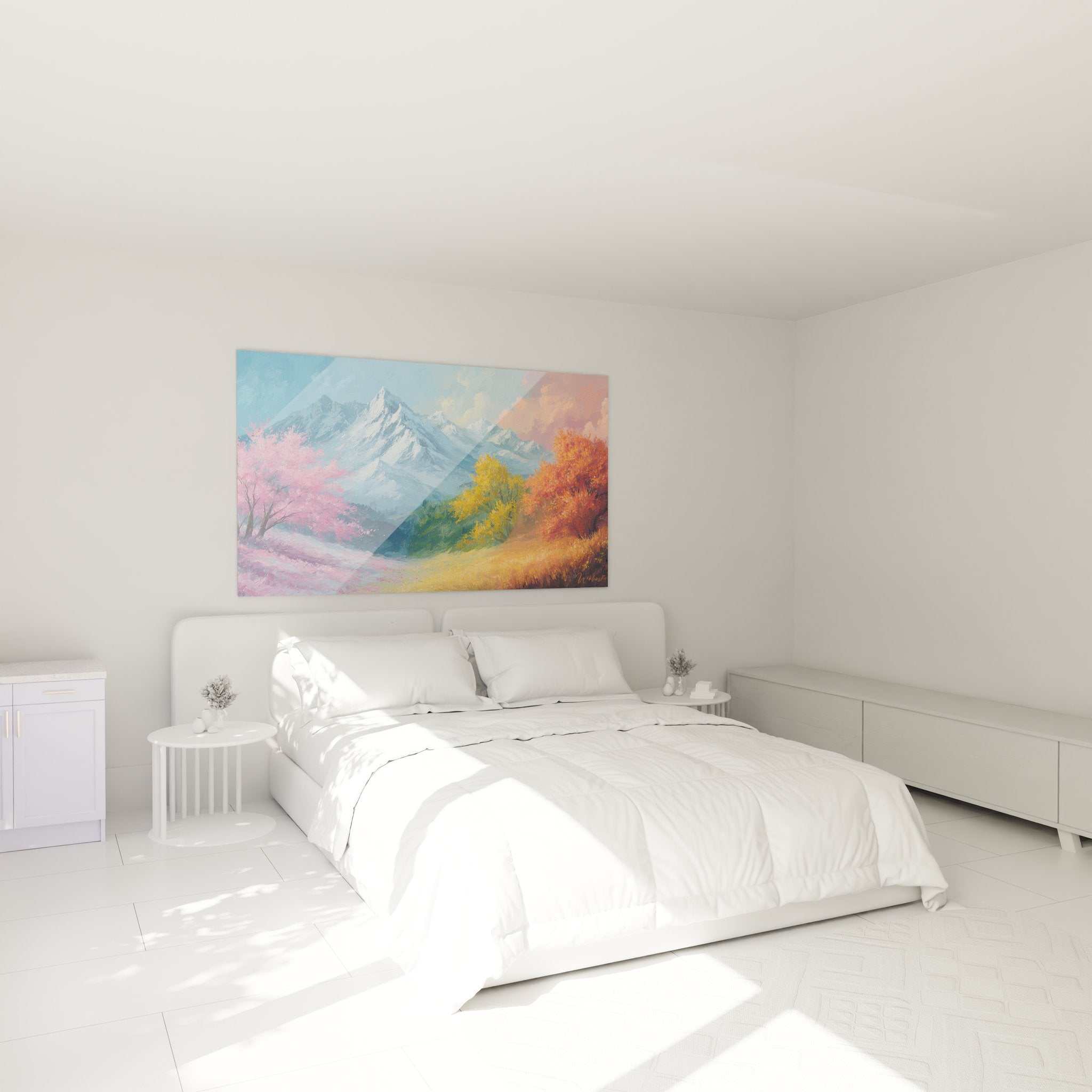 Autumn mountain bedroom wall art with snowy peaks and colorful vegetation