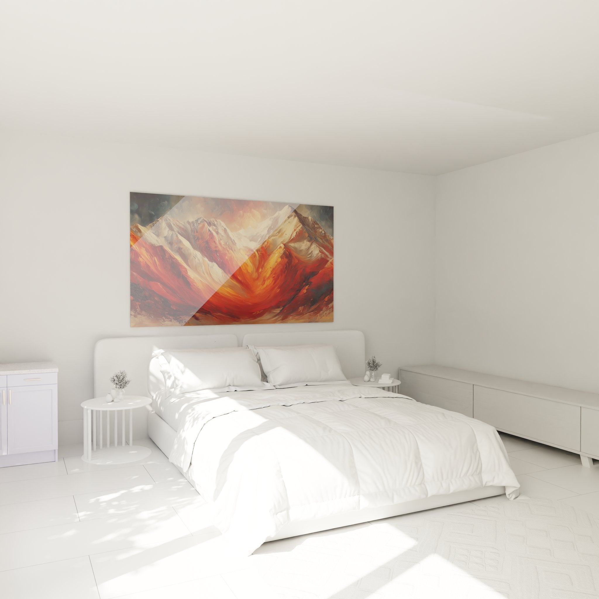 Décoration chambre tableau montagne coucher soleil ambiance chaleureuse mur moderne