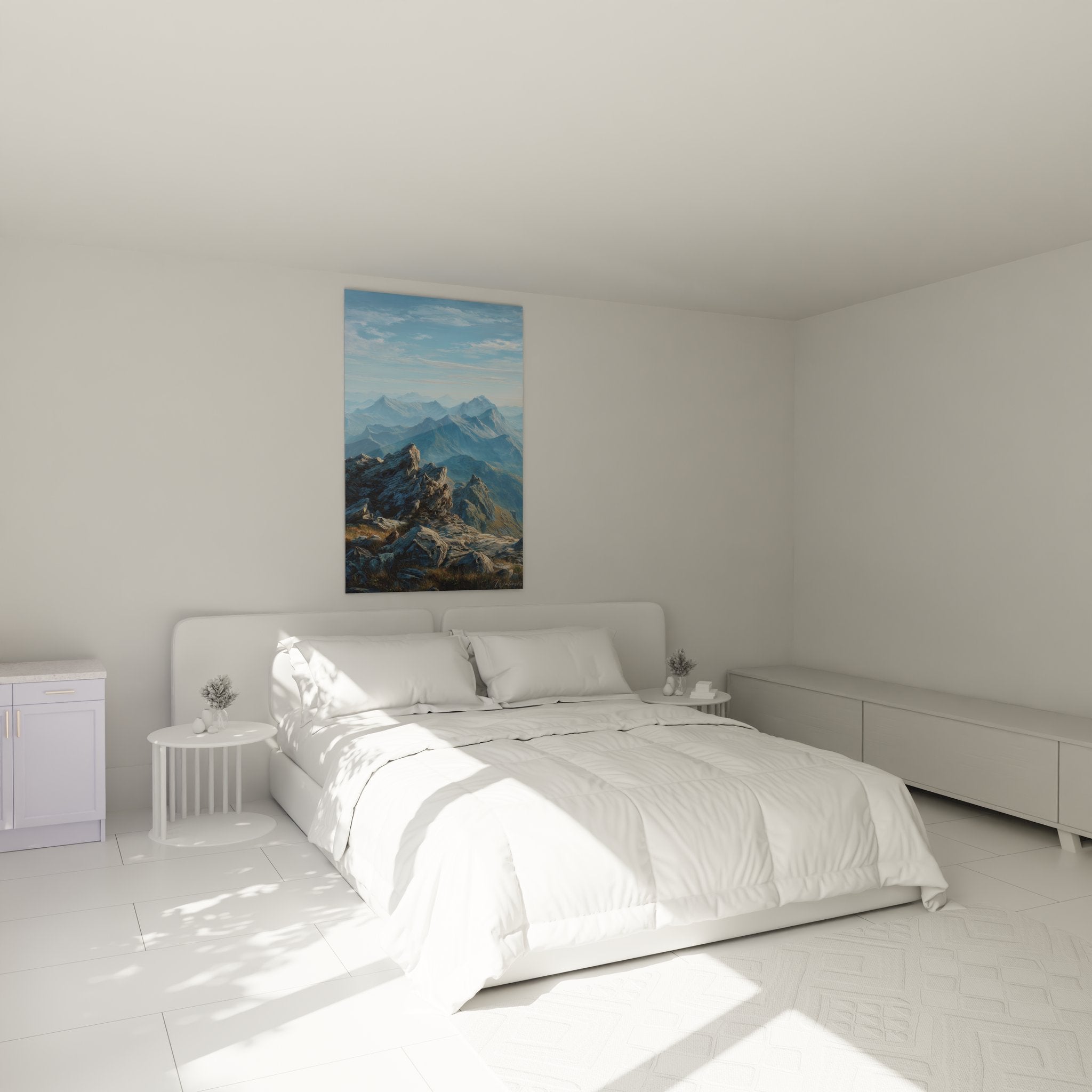 Tableau décoratif montagne dans chambre moderne avec vue panoramique sur sommets rocheux