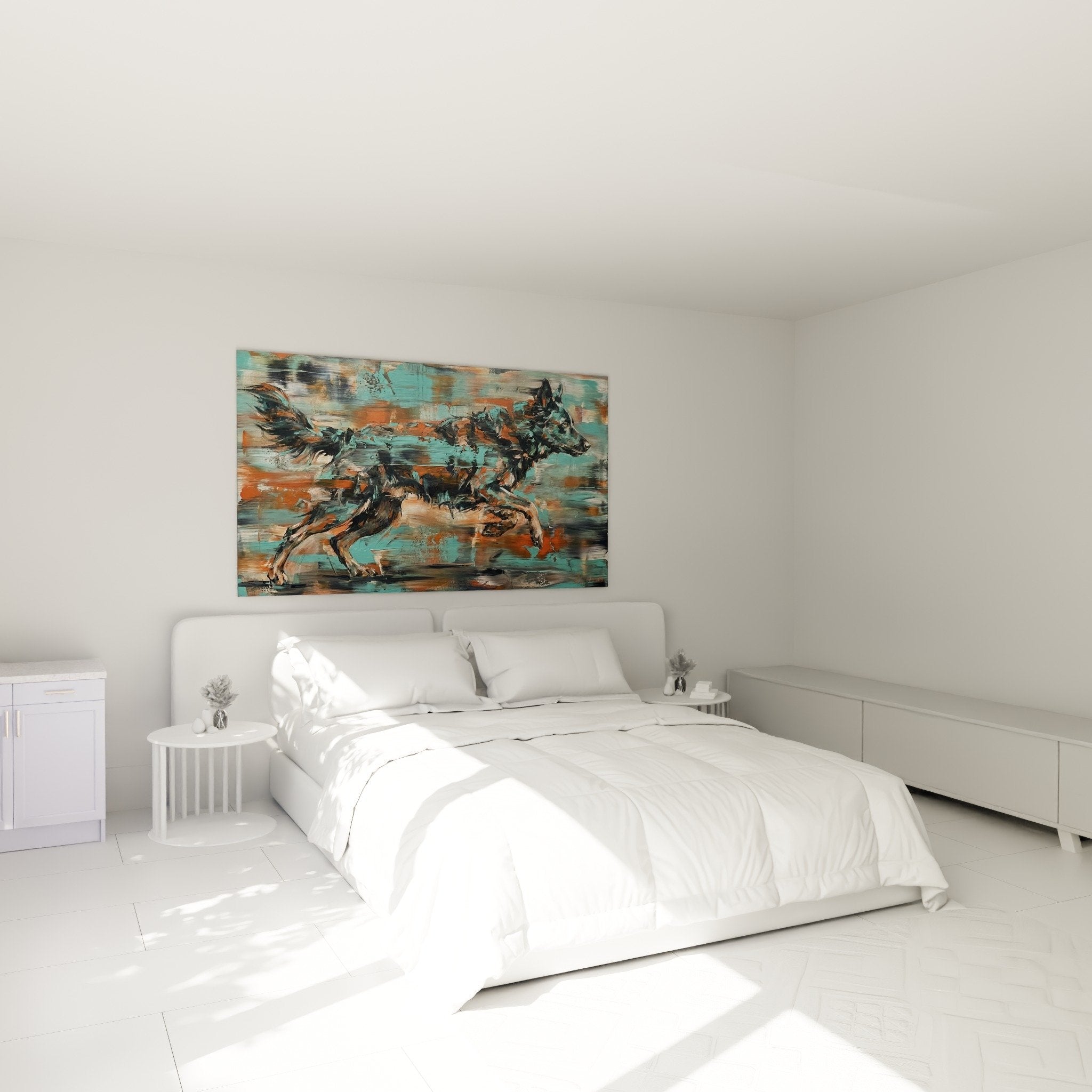 Bedroom decoration with Mudi turquoise orange wall art, contemporary animal design modern mural