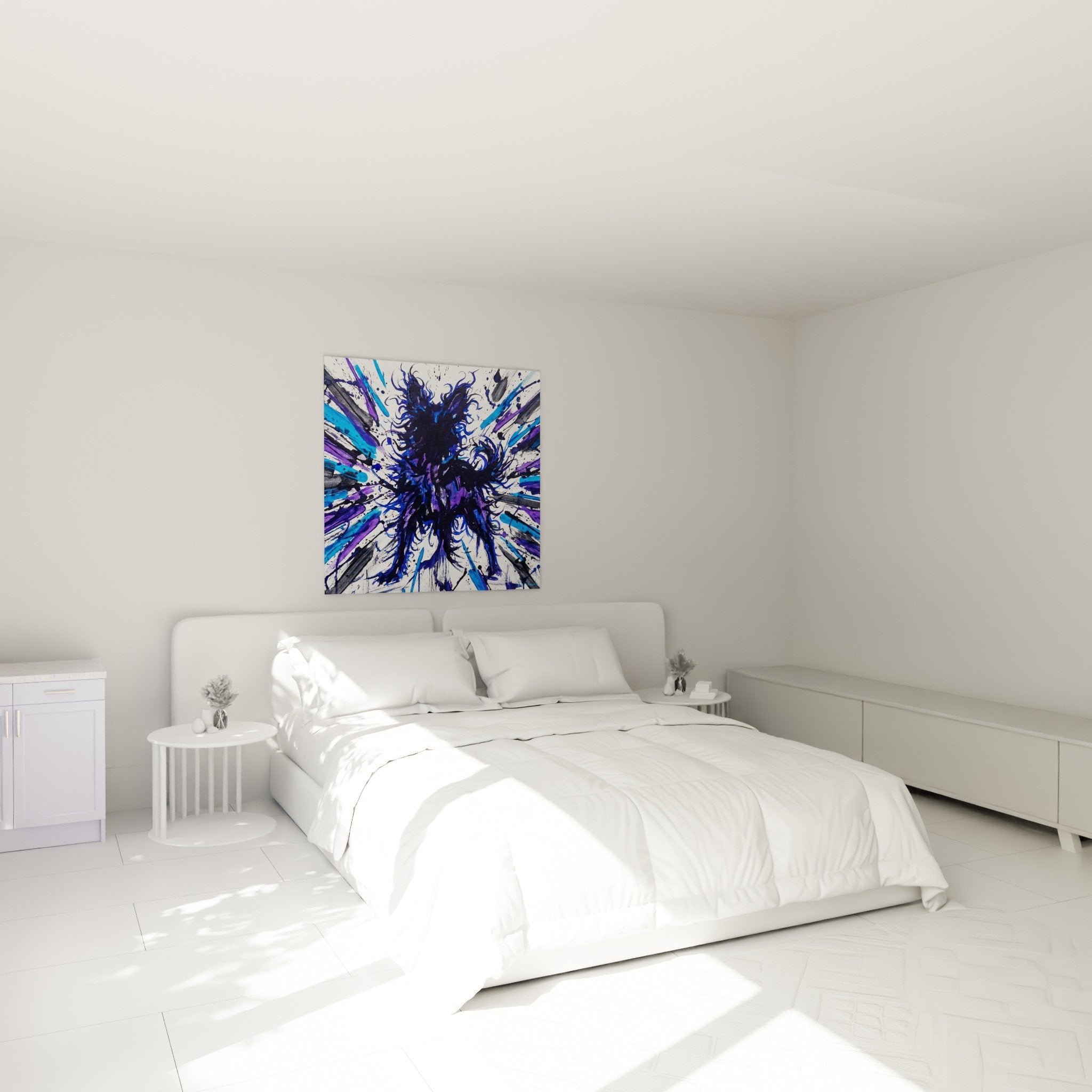 Tableau Mudi berger hongrois dynamique bleu violet décorant une chambre moderne avec lit et mobilier contemporain