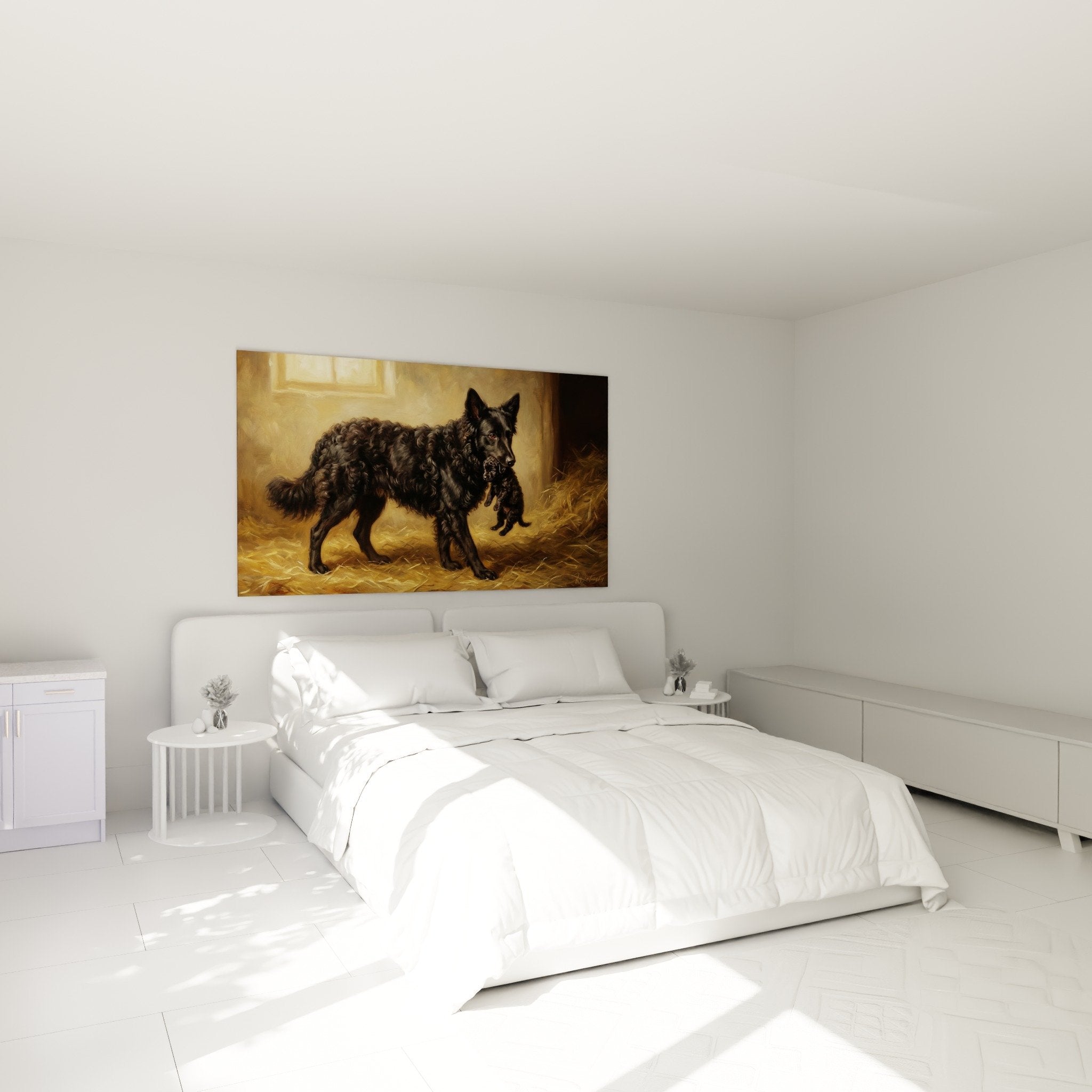 Nursery wall art Mudi painting with puppy in lit stable warm tones