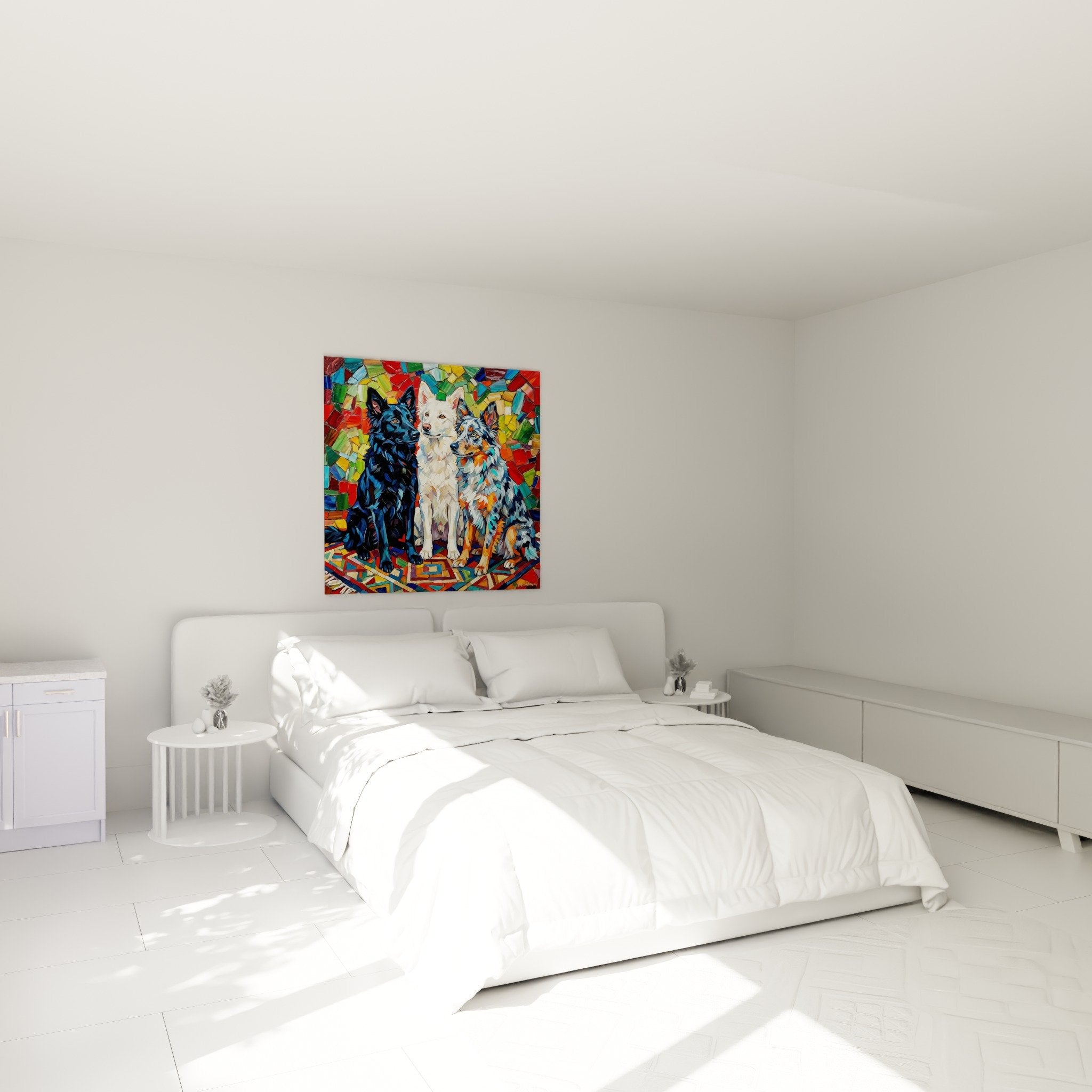 Mudi mosaic multicolor trio wall art decorating a contemporary bedroom with neutral walls