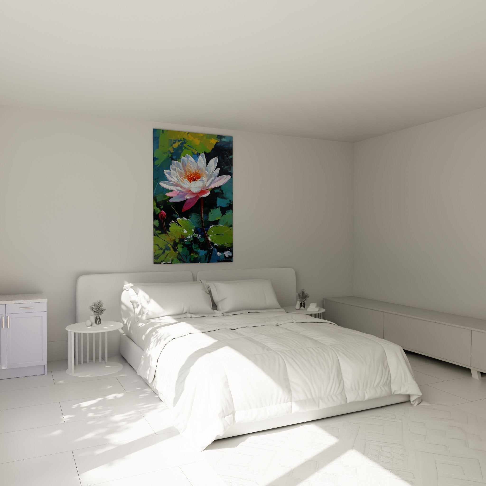 Tableau nénuphare blanc décorant une chambre moderne aux tons apaisants avec mobilier naturel