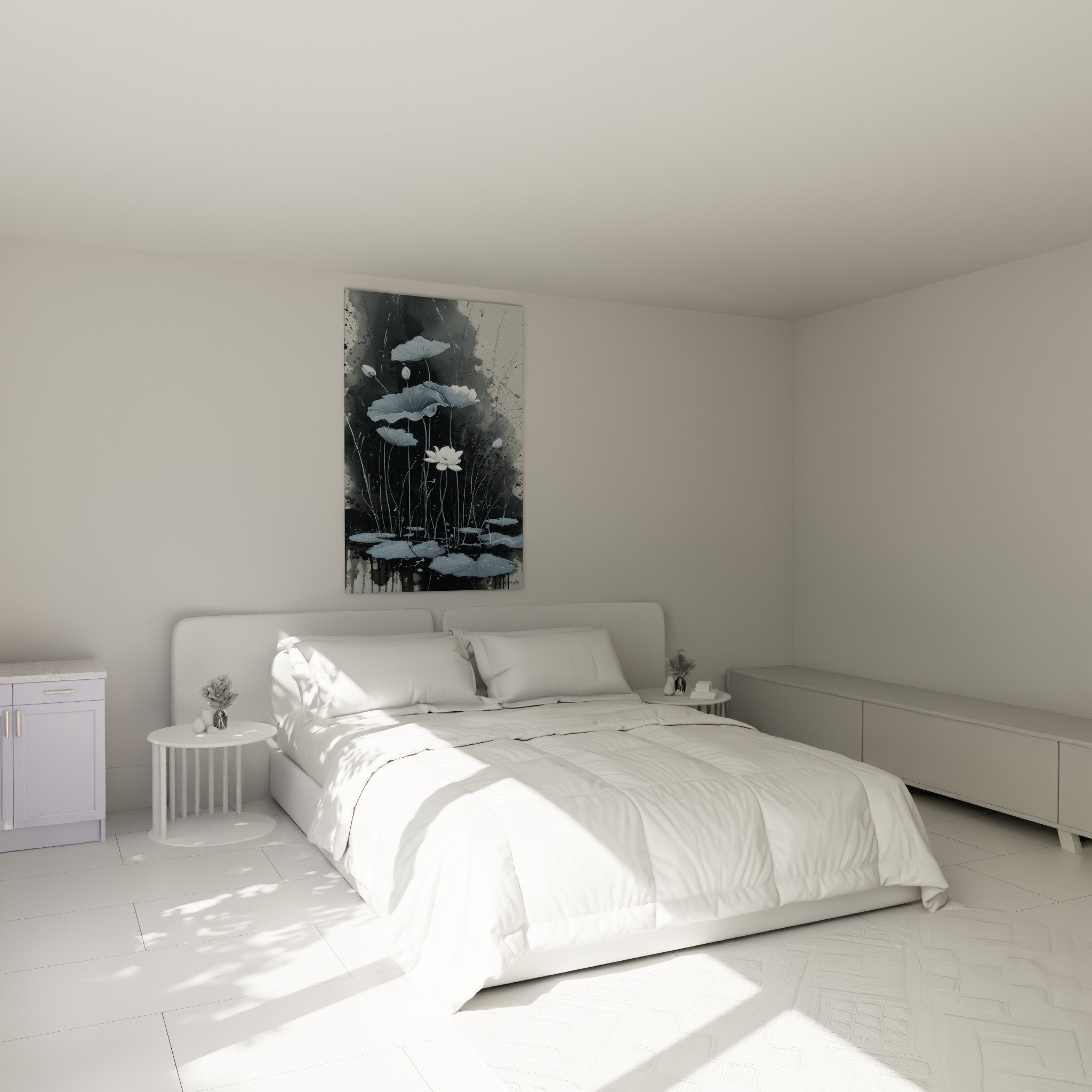 Gray and white water lily wall art in modern bedroom zen decor aquatic lotus