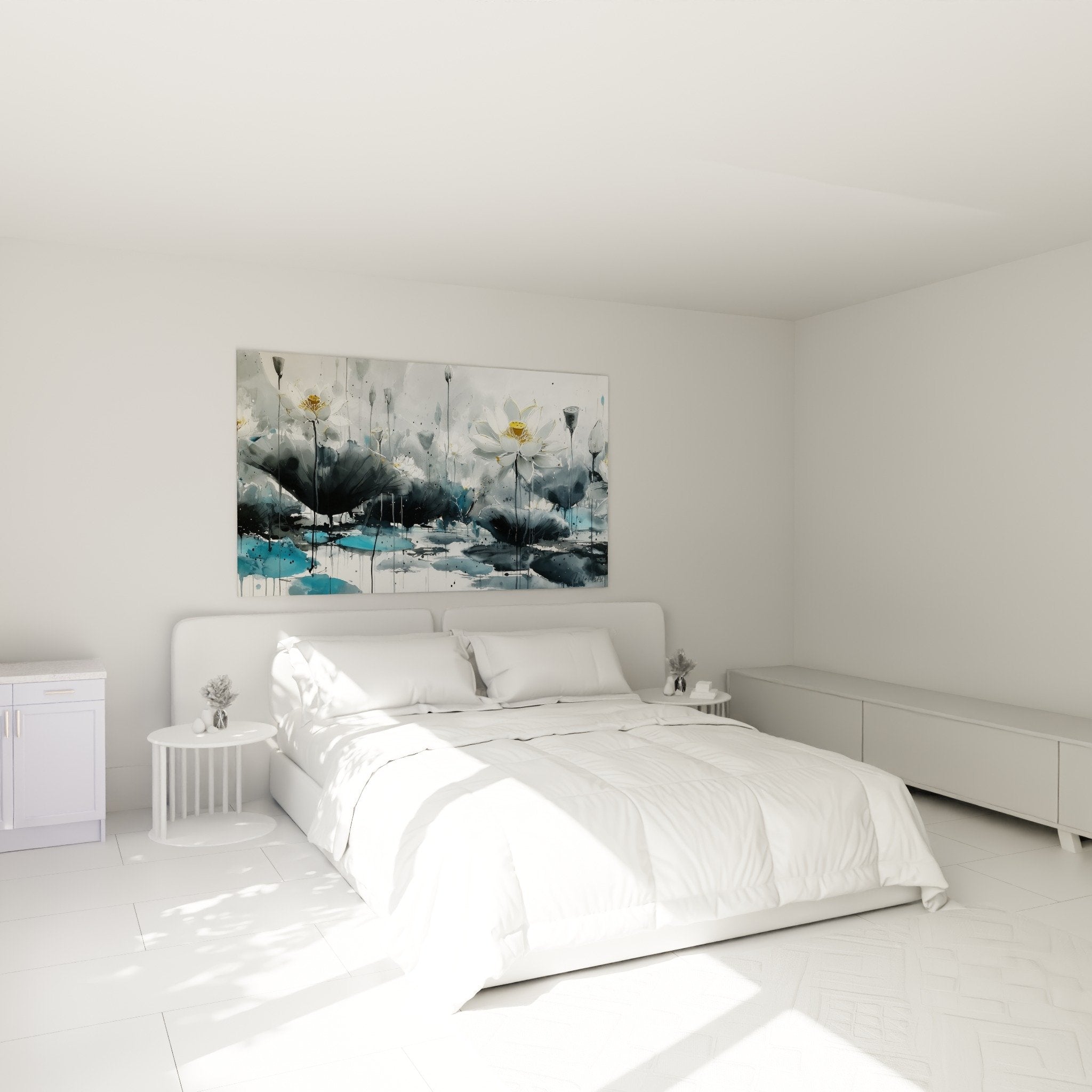 Tableau nénuphars blancs et gris-bleu décorant une chambre moderne aux tons apaisants