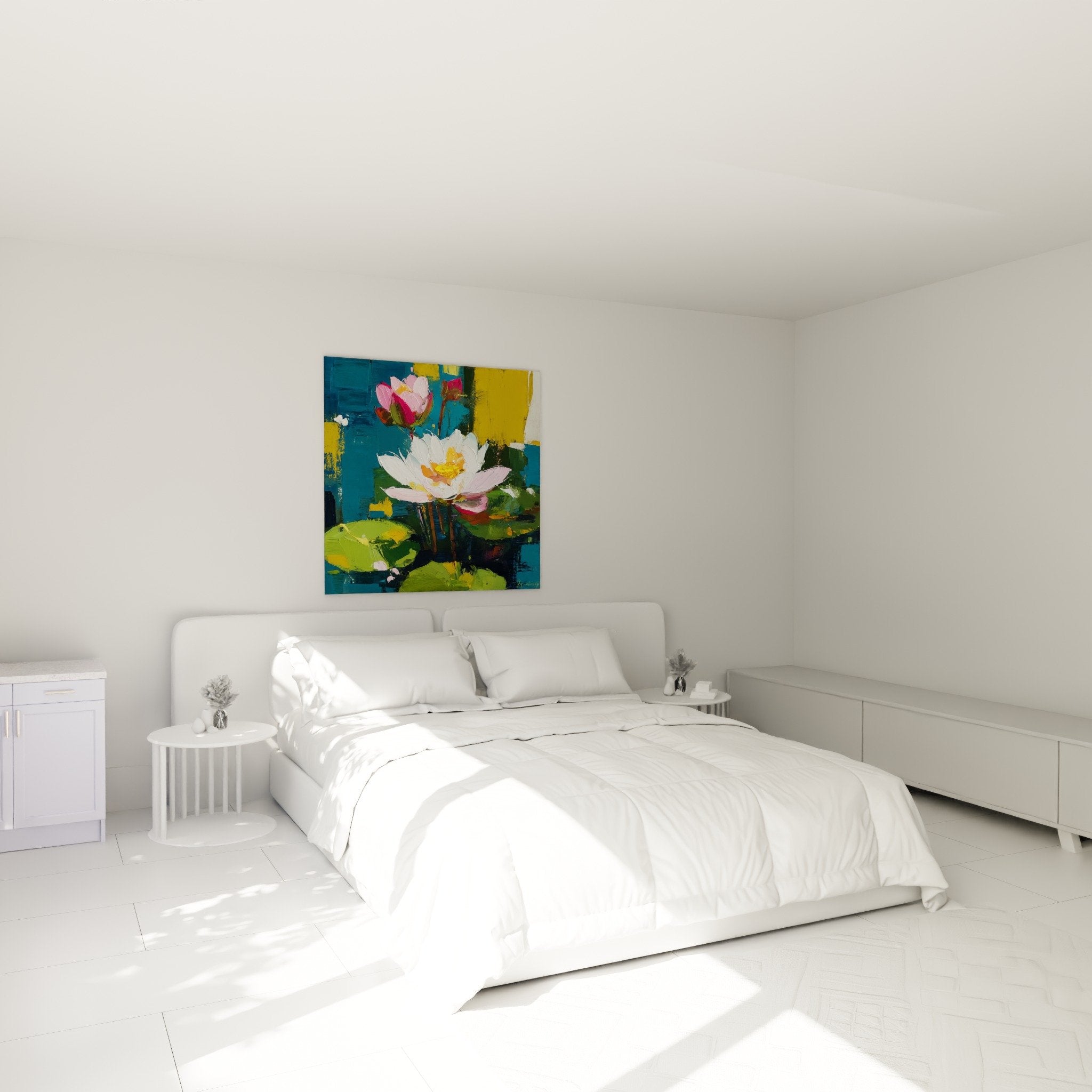 Décoration chambre avec tableau nénuphars colorés au-dessus du lit, ambiance zen et moderne
