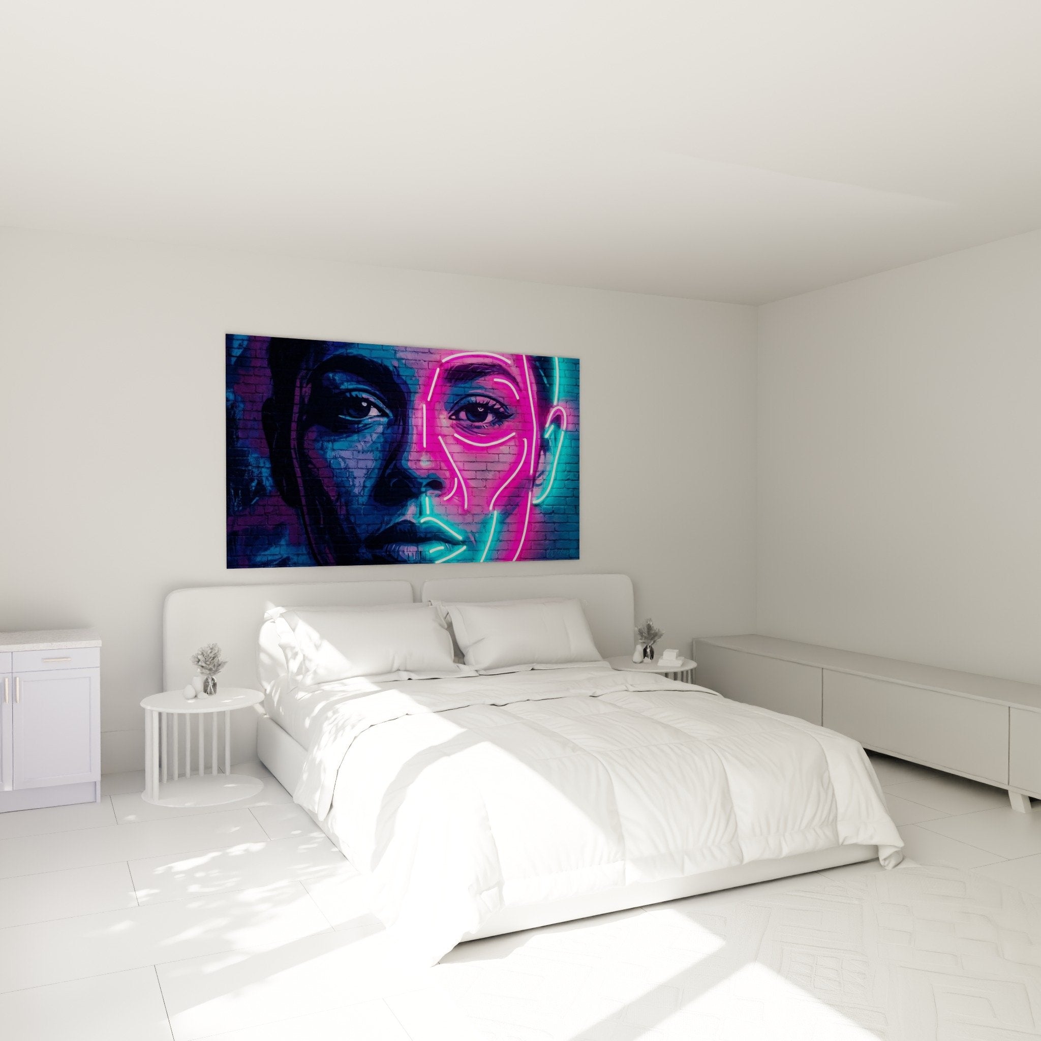 Schlafzimmer Dekoration Street Art Neon Leuchtreklame weibliches Porträt lebendige Farben moderne urbane Atmosphäre