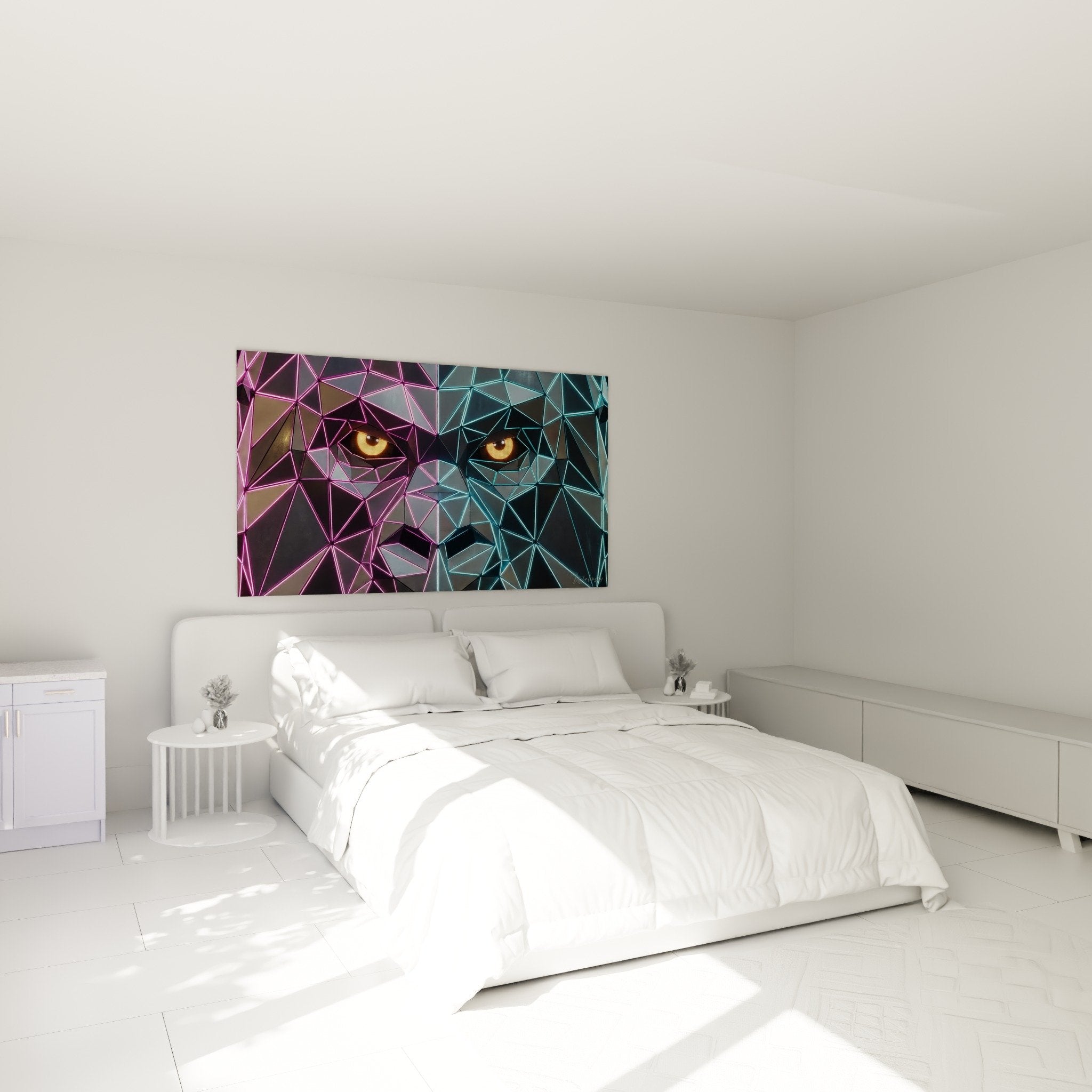 Decoration chambre moderne tableau visage polygonal rose turquoise mur sombre ambiance futuriste
