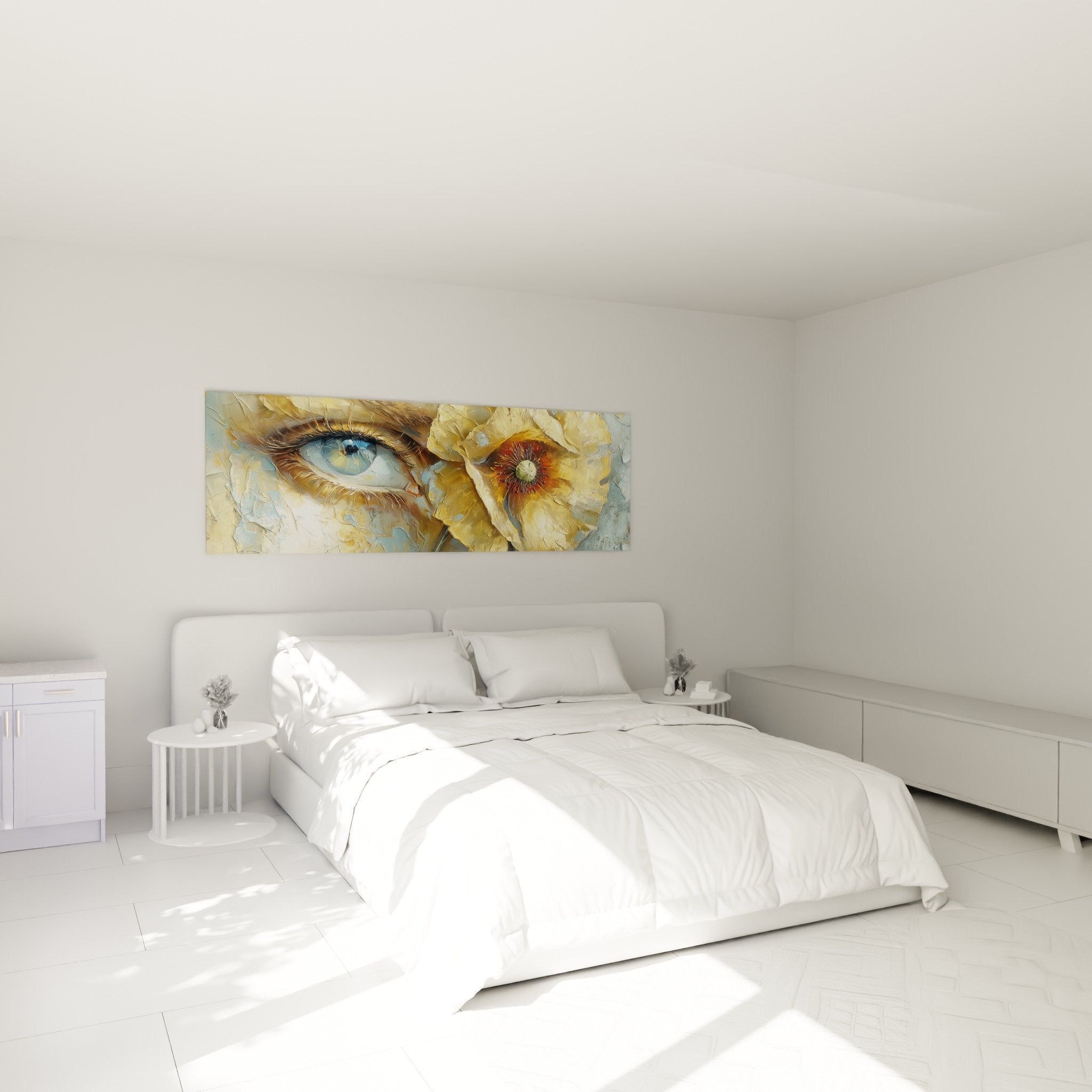 Tableau oeil et fleur dorée dans chambre moderne, décoration murale contemporaine au-dessus du lit