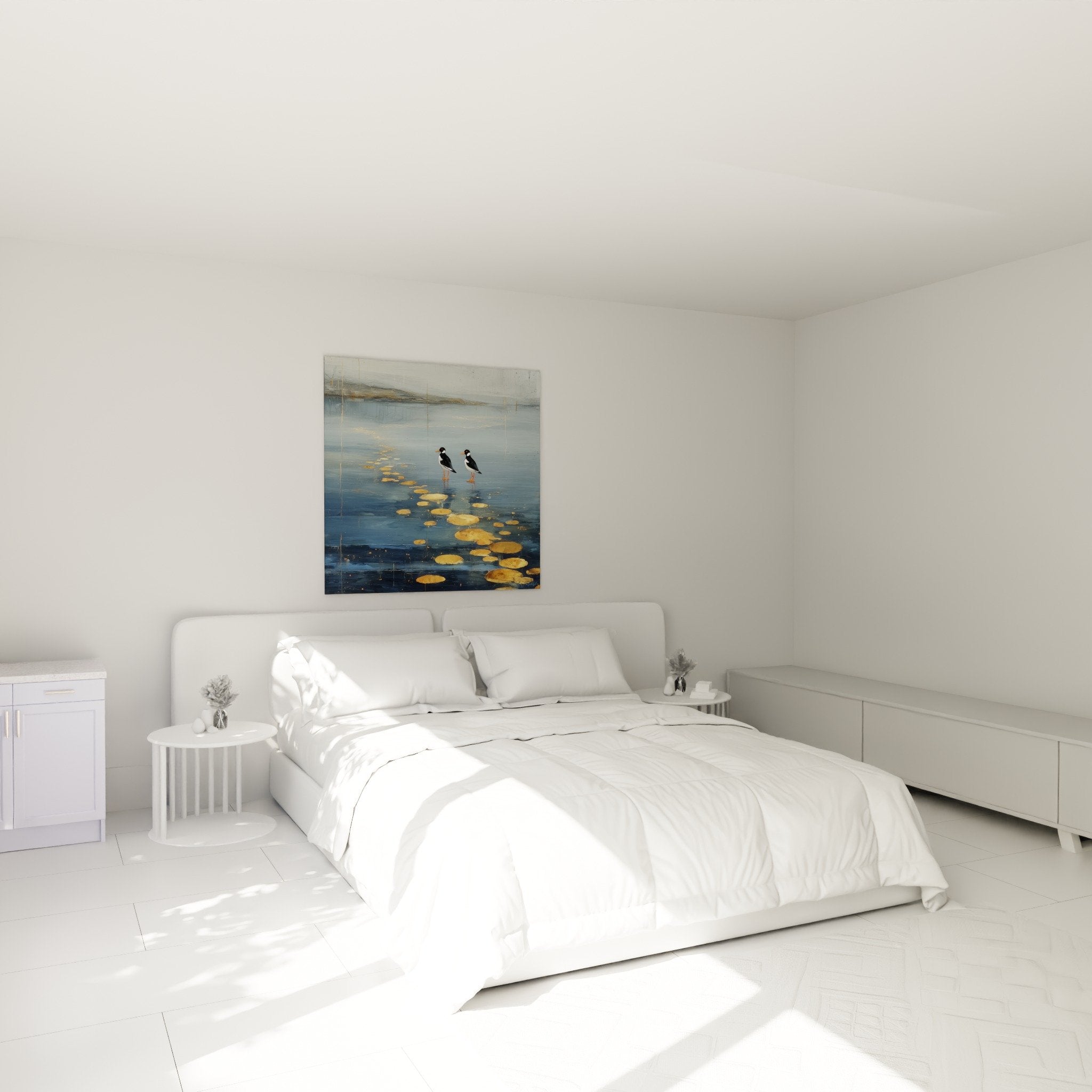 Bedroom decoration with aquatic birds wall art in blue and gold tones zen atmosphere