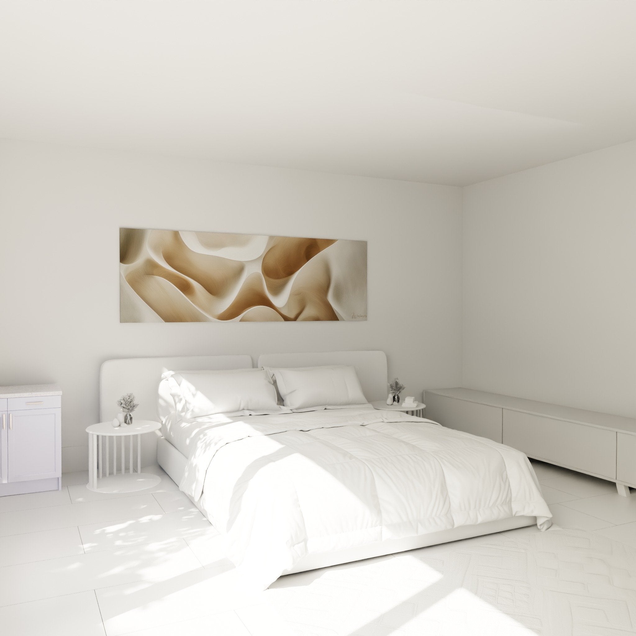 Decoration chambre avec tableau formes ondulantes beiges et blanches ambiance zen Feng shui Centre Terre