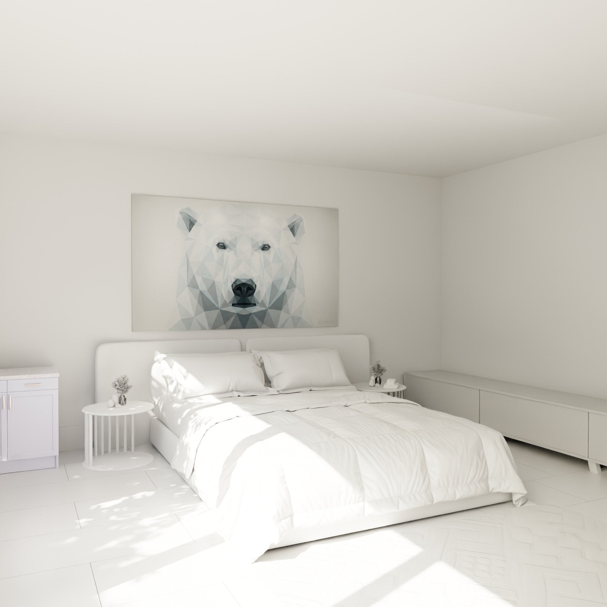 Geometrisches Bärenbild in Blaugrau über dem Bett, moderne Wanddekoration für Schlafzimmer