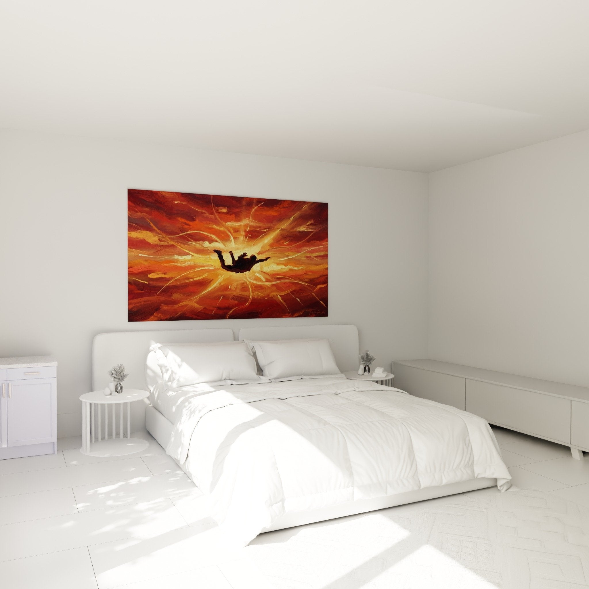 Schlafzimmerdekoration Fallschirmsprung Freifallbild warme Farben Orange Rot dynamische Atmosphäre weiße Wand