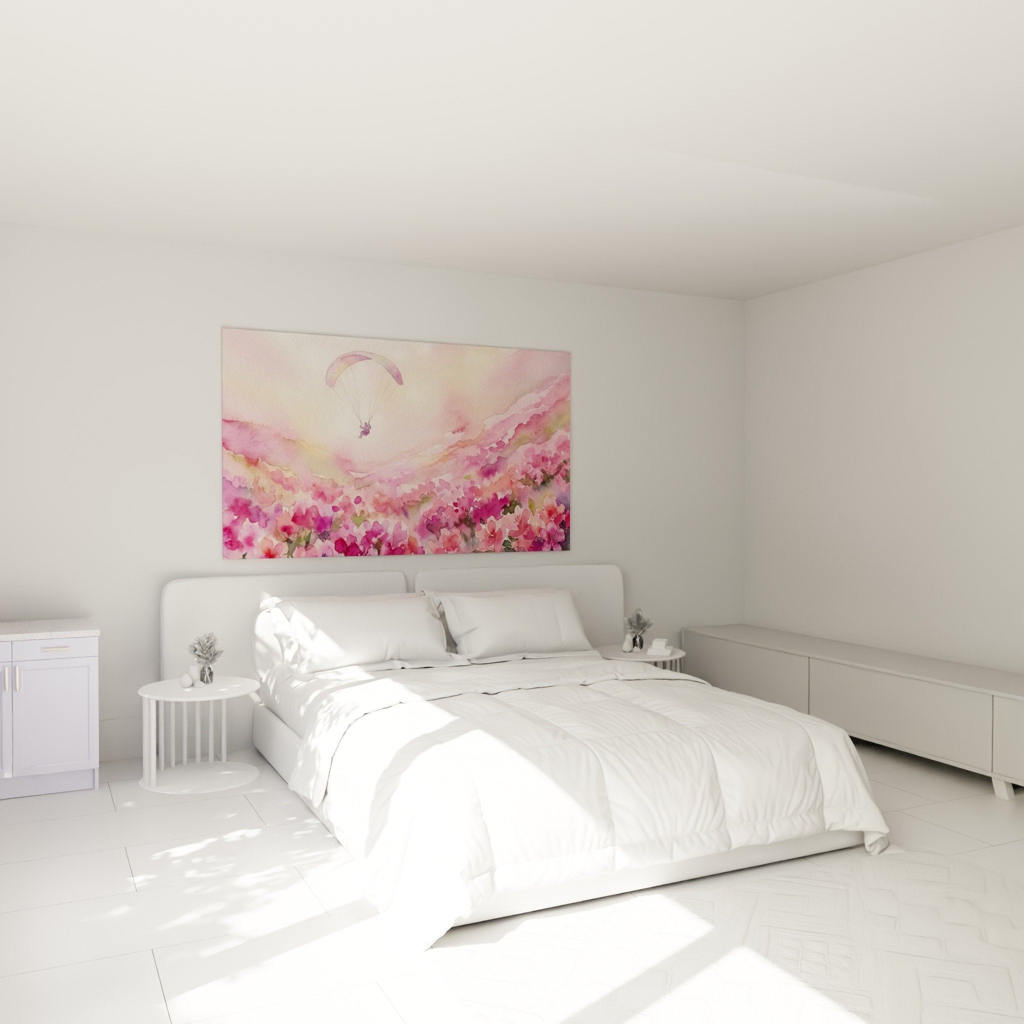 decoration murale chambre tableau parapente rose ambiance douce romantique art aquarelle fleurs