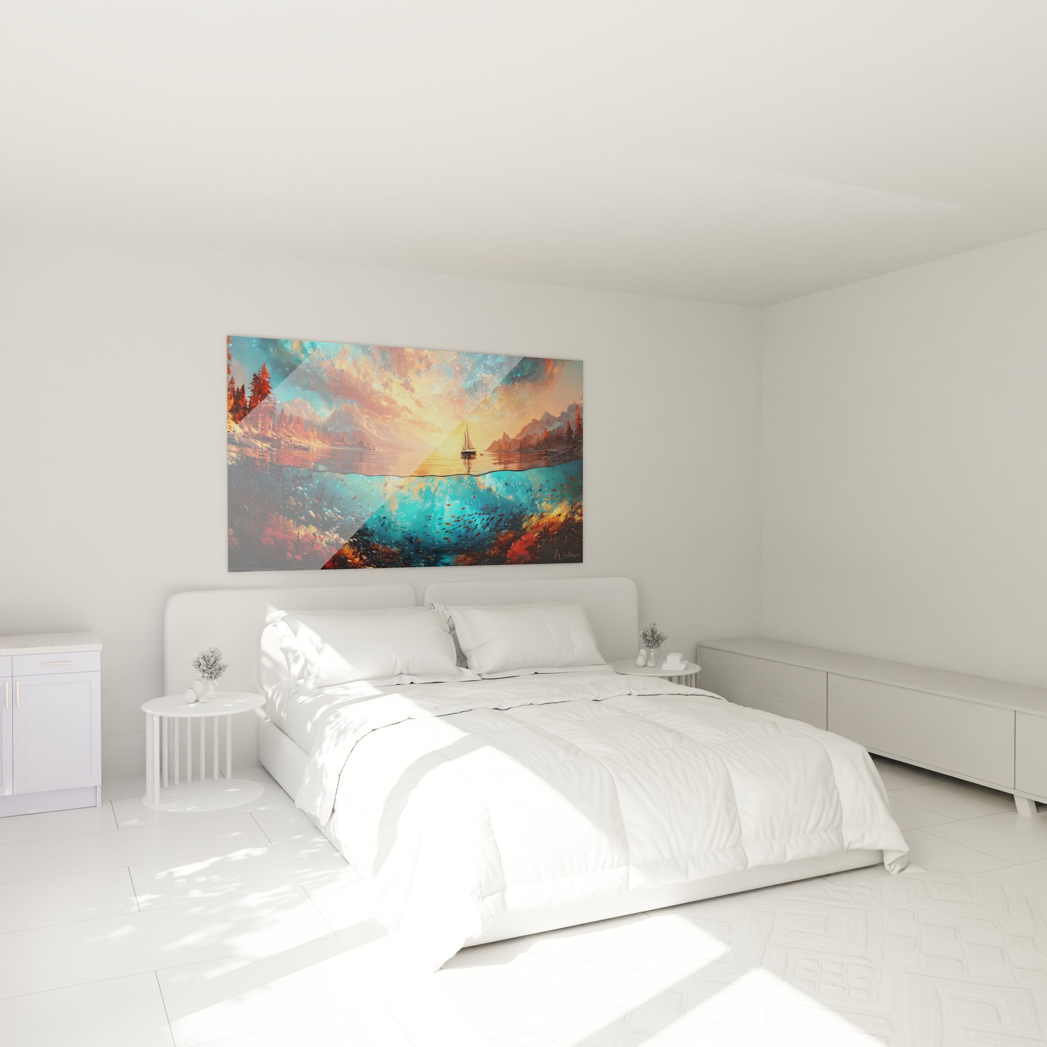 Décoration chambre avec tableau paysage aquatique divisé surface et profondeurs marines