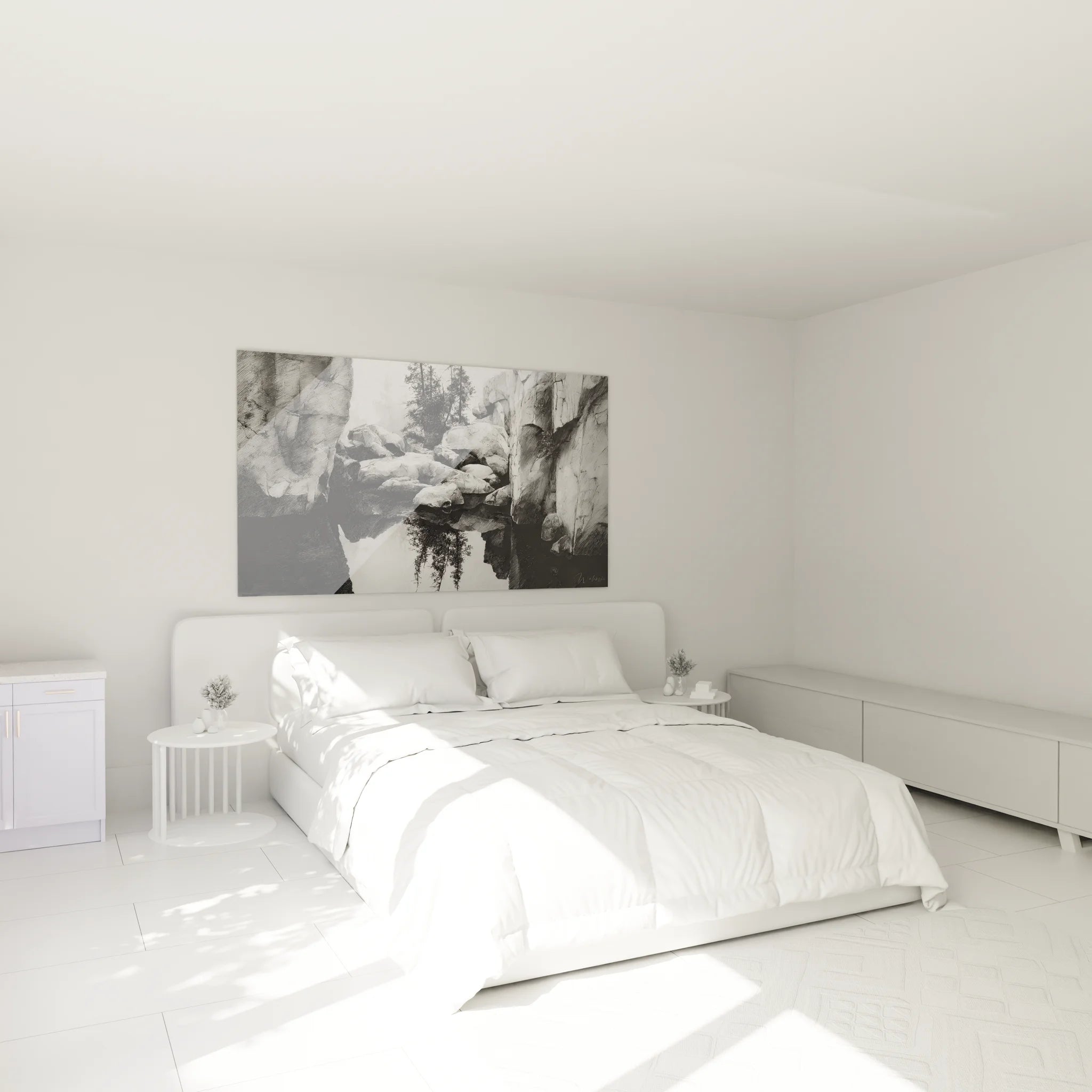 Décoration chambre avec tableau paysage noir et blanc gorge rocheuse au-dessus du lit