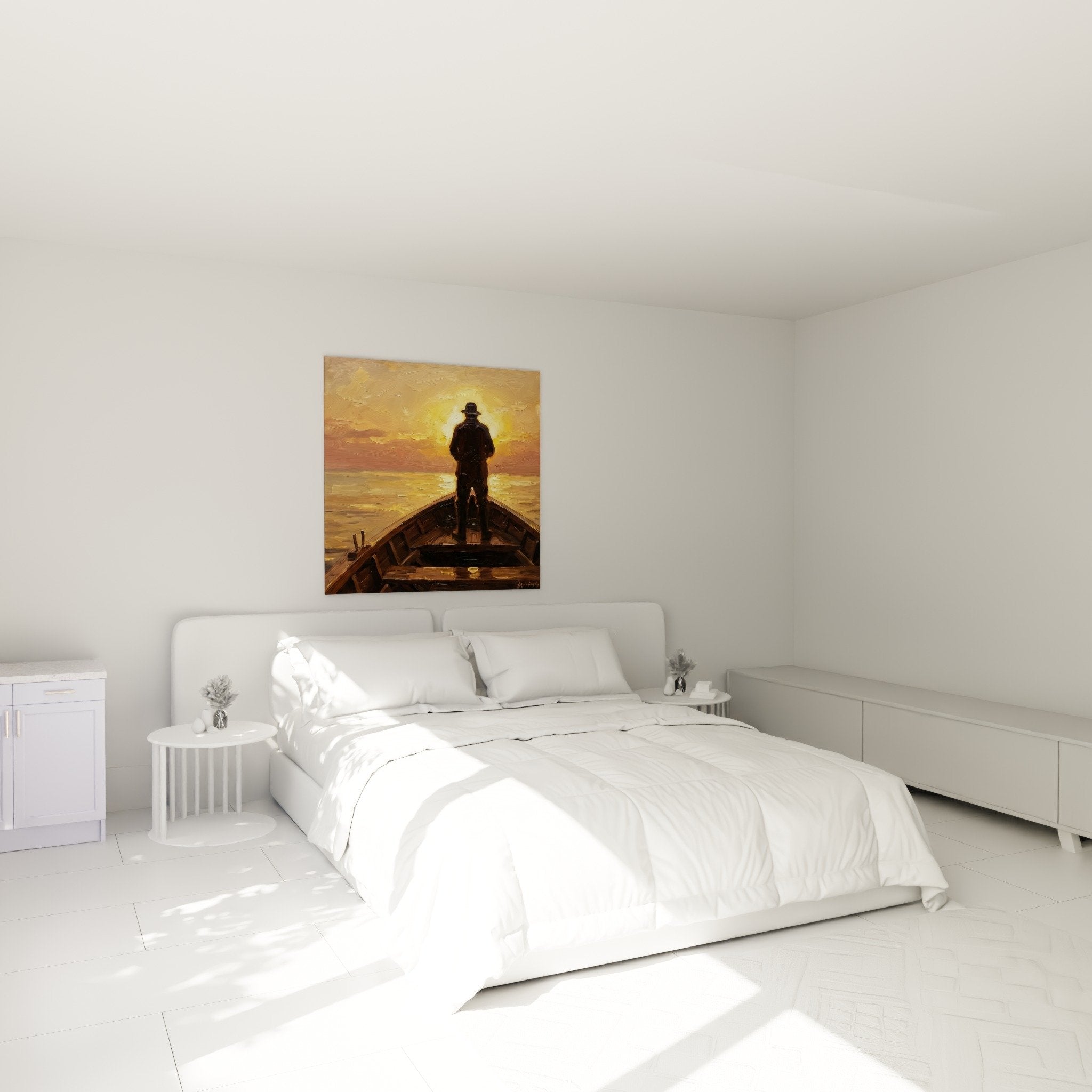 Schlafzimmer Deko Gemälde Fischen Fluss beruhigende Atmosphäre goldene Töne Boot Silhouette kontemplativ