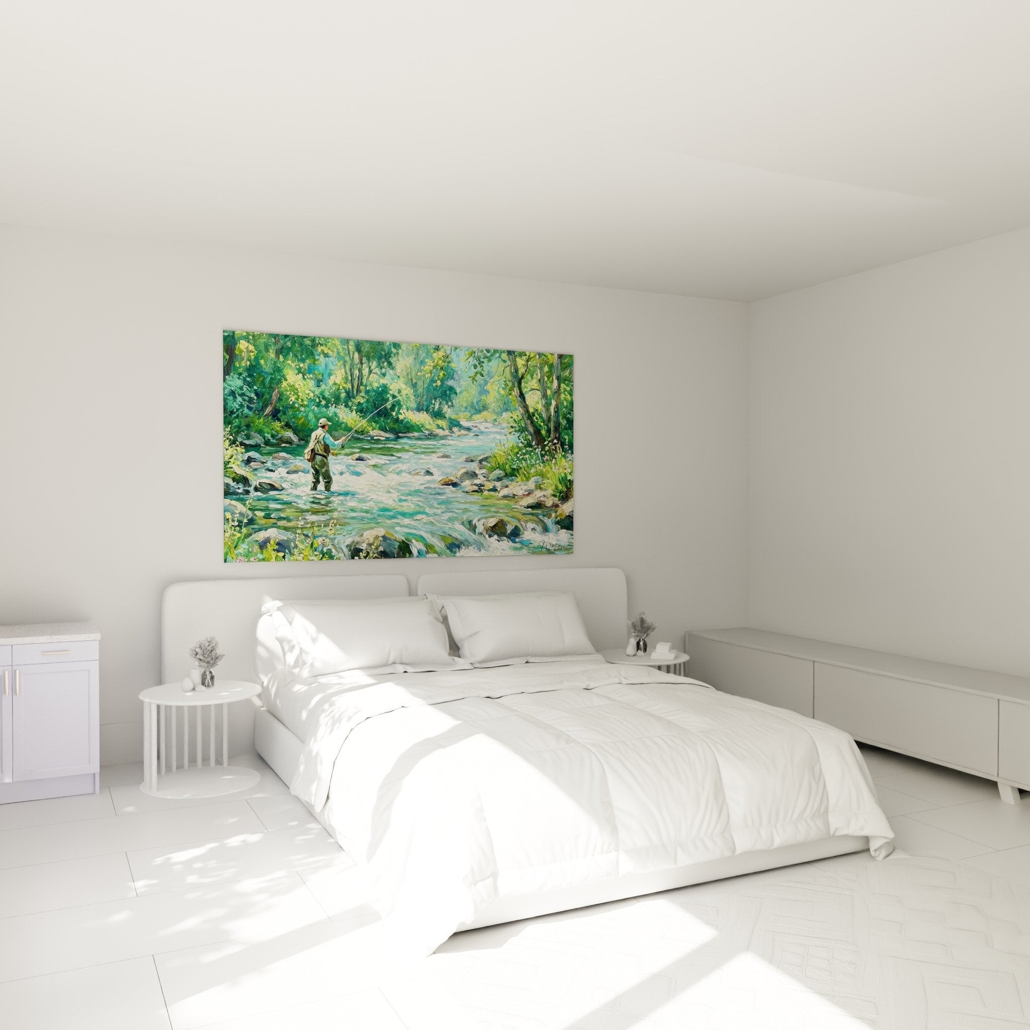 Wanddekoration Schlafzimmer Gemälde Fischerei Fluss beruhigende Grüntöne natürliche Atmosphäre entspannend