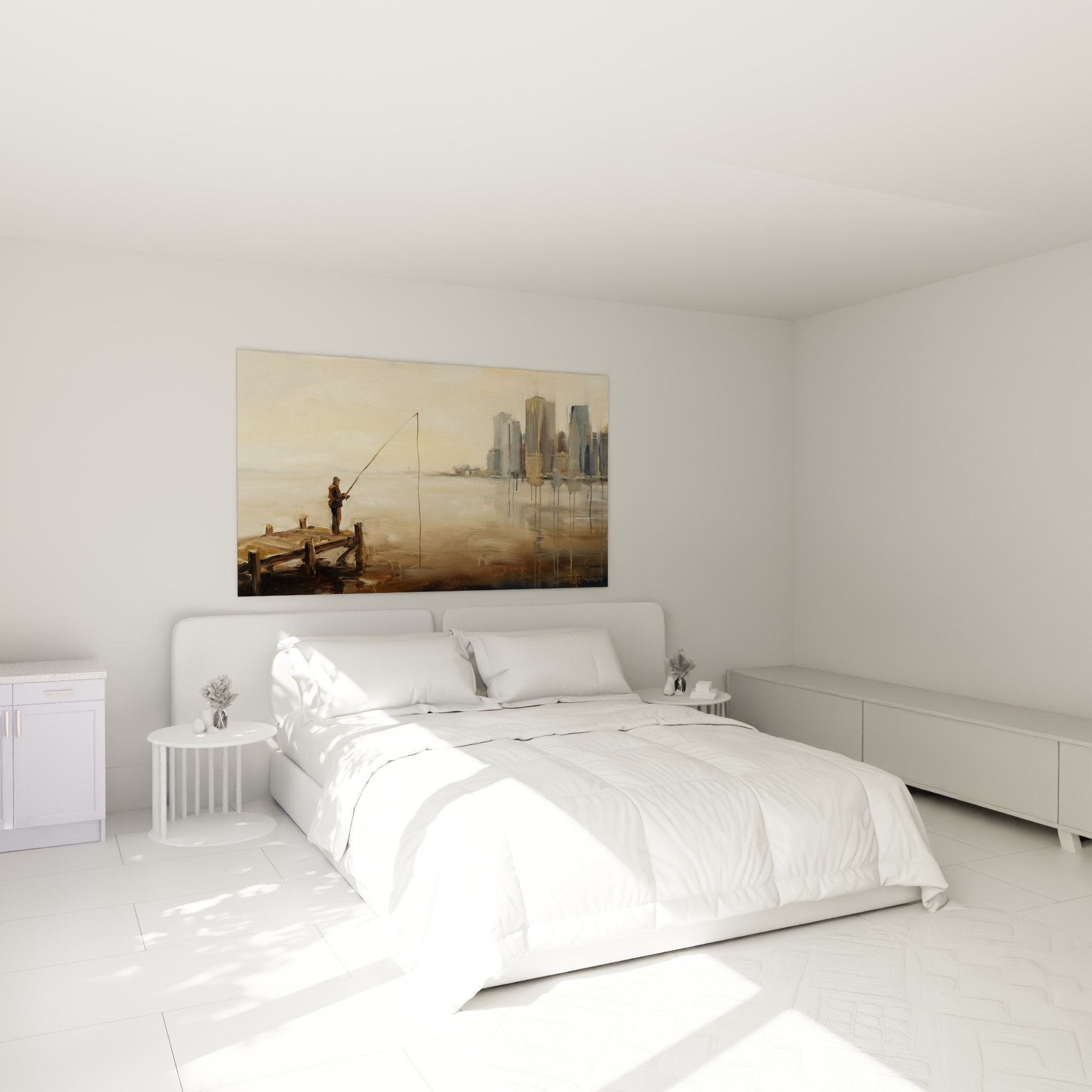 Décoration chambre tableau pêcheur urbain Manhattan ambiance contemplative tons doux beige doré mur blanc