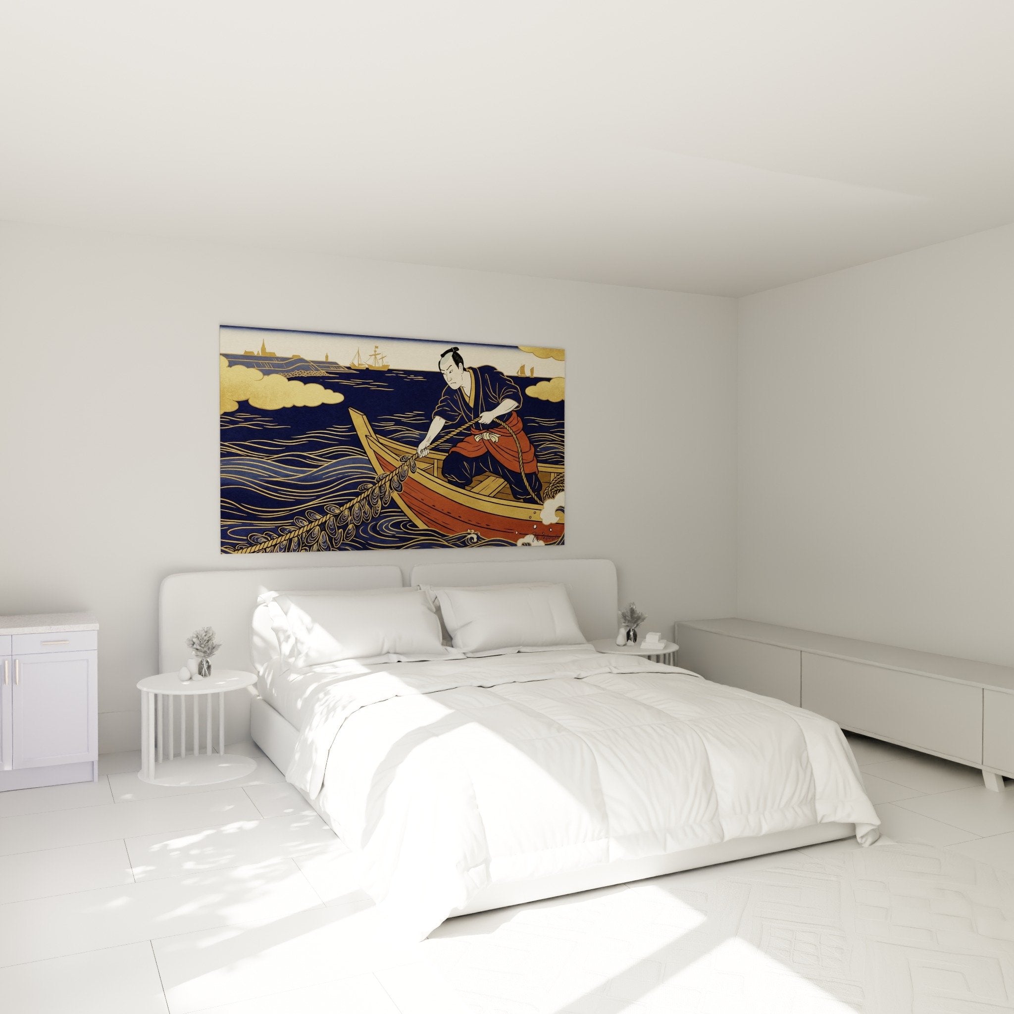 Decoration chambre tableau japonais samouraï pêche moules bleu marine doré ambiance zen maritime