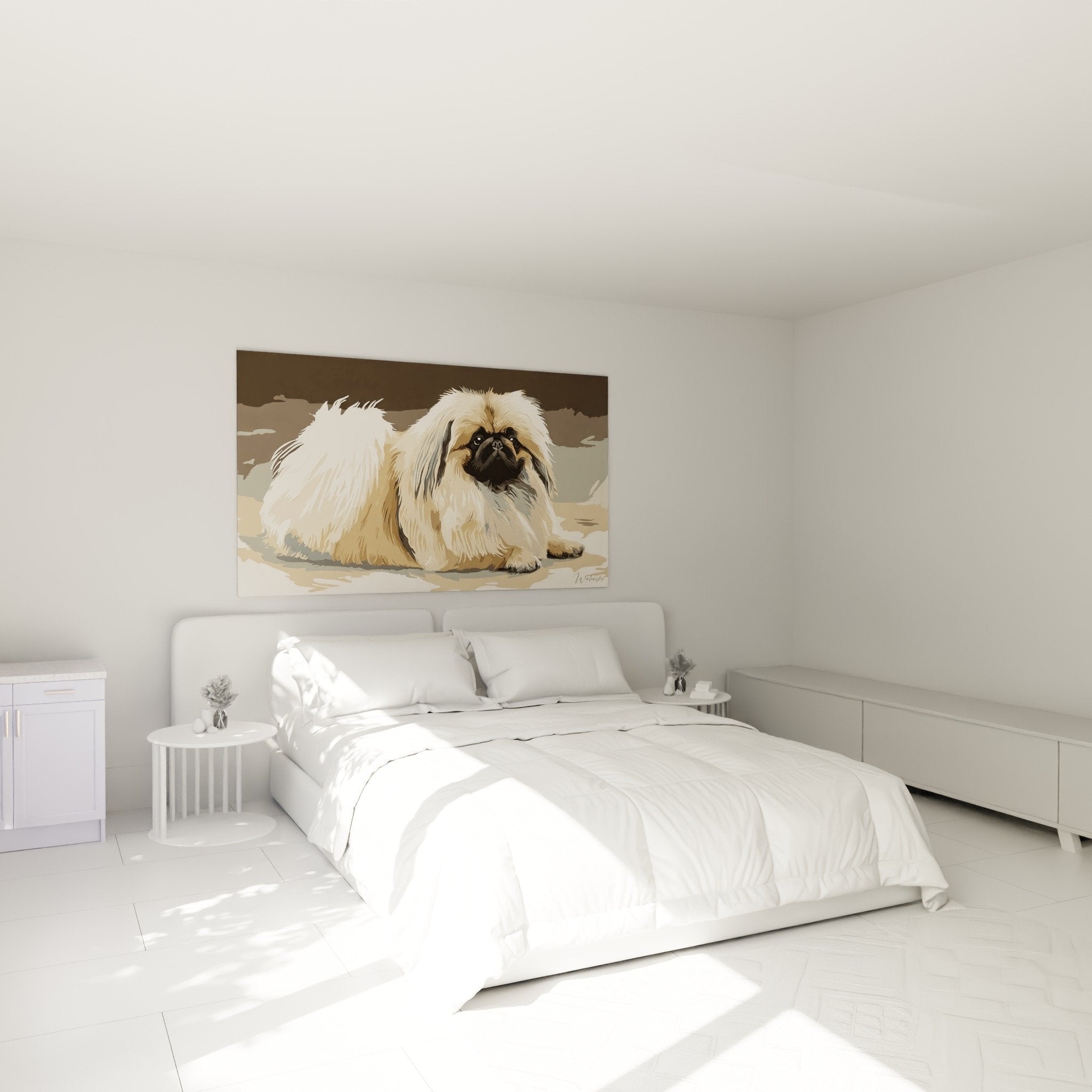 Décoration chambre avec tableau pékinois beige, art mural canin élégant tons neutres