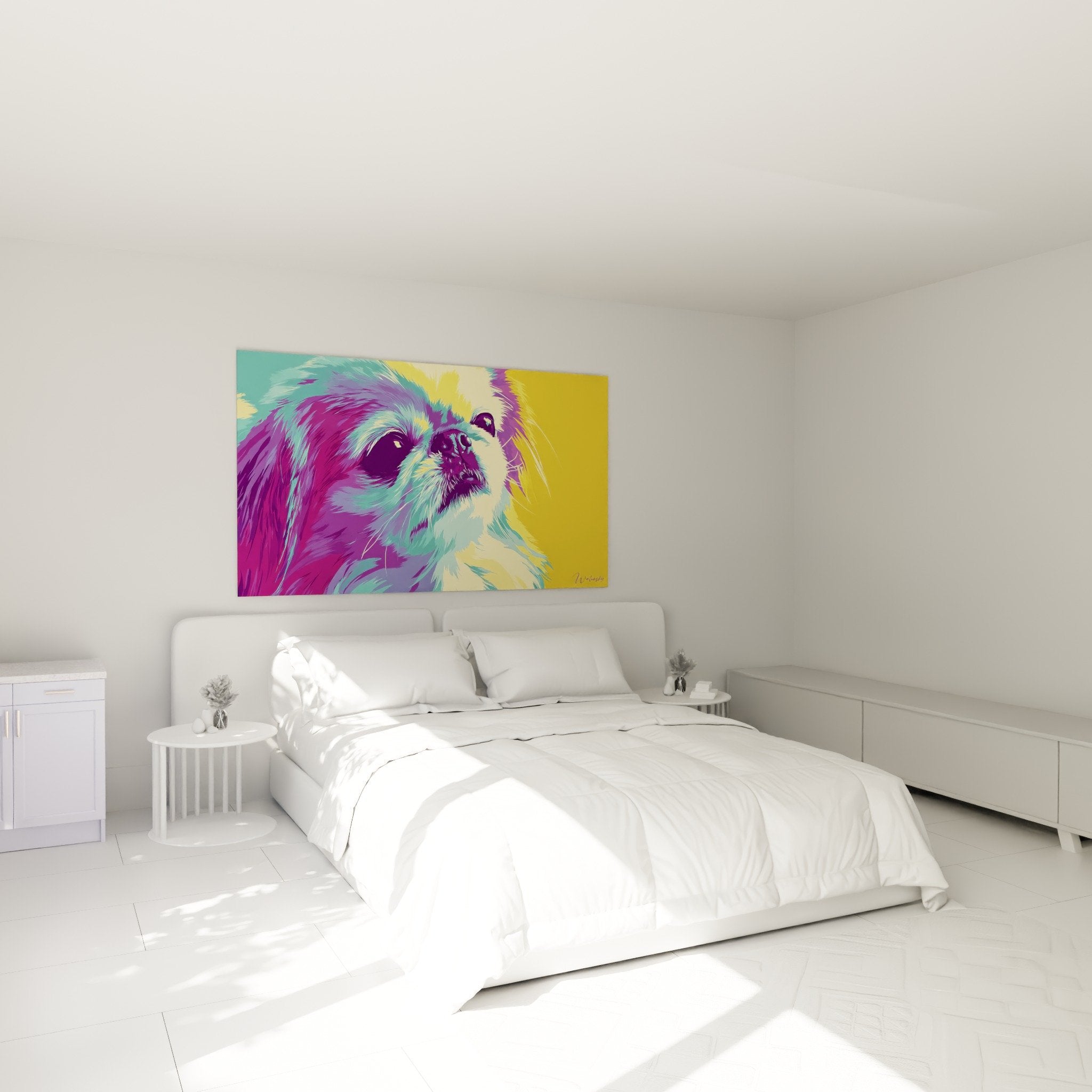 Buntes dekoratives Pekinger Gemälde über einem Bett in einem modernen Schlafzimmer installiert