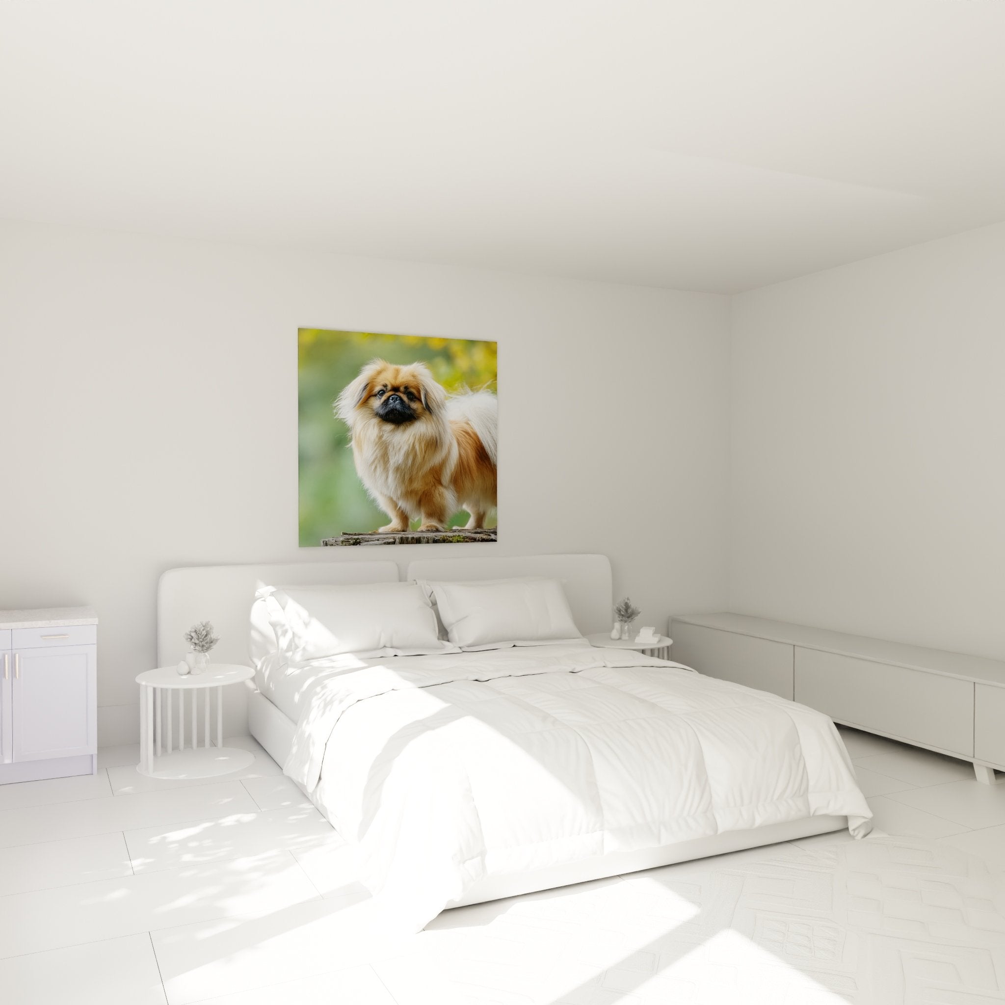Déco chambre avec tableau pékinois aux tons dorés, ambiance chaleureuse et apaisante, mur beige clair