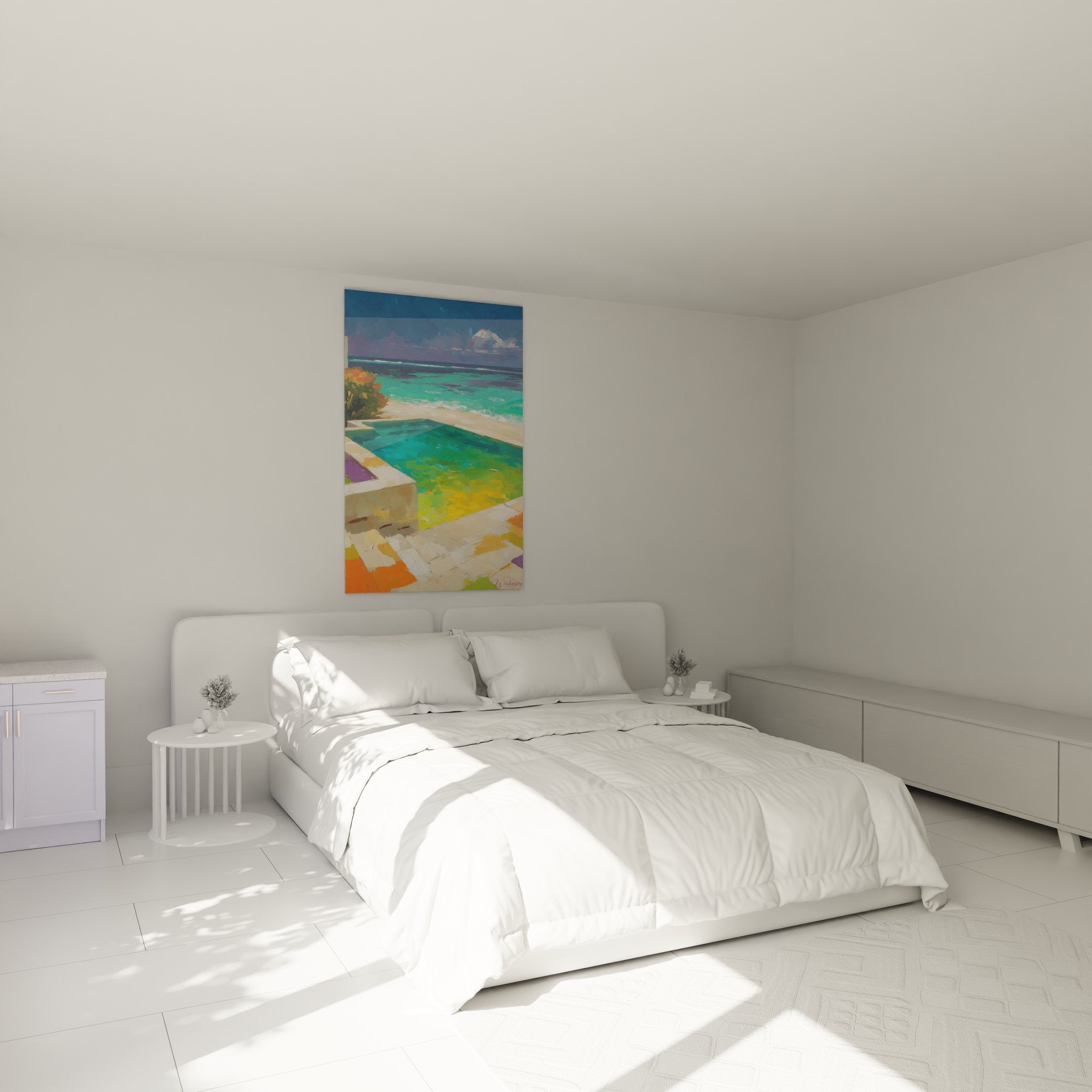 Décoration chambre avec tableau piscine tropicale mer turquoise ambiance relaxante îles paradisiaques