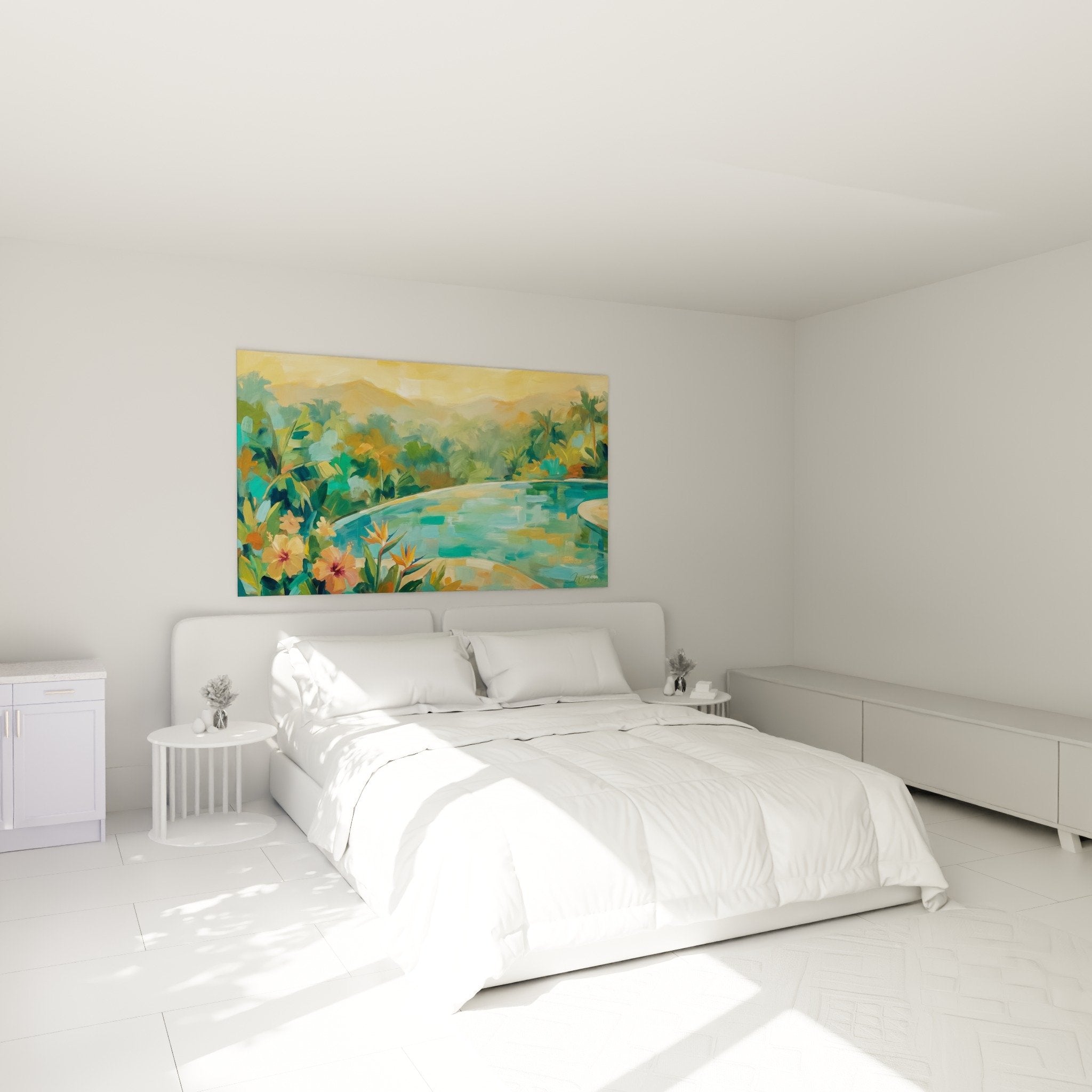 Schlafzimmer Dekoration Gemälde tropikaler Pool türkise Korallentöne Zen-Atmosphäre Bali