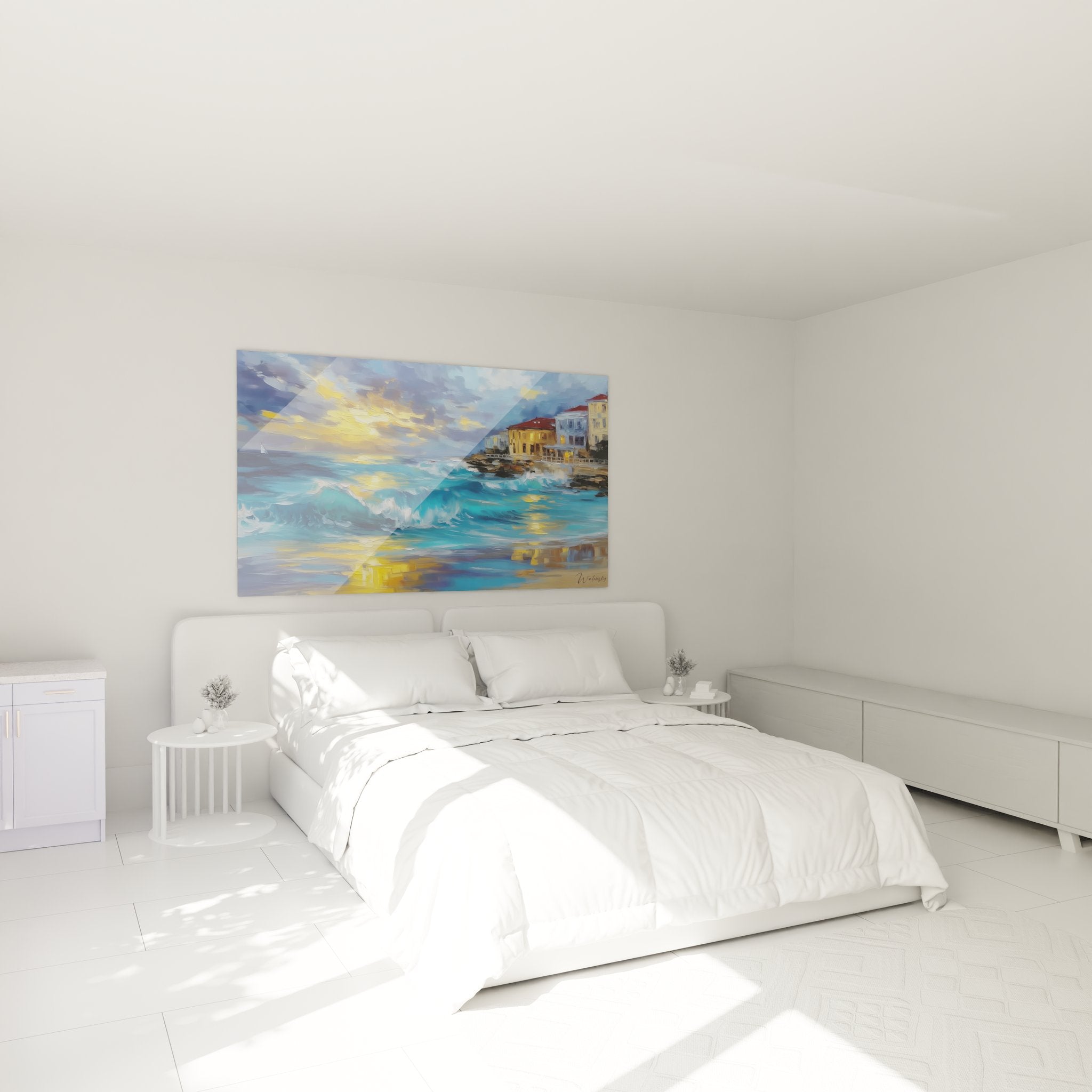 Tableau plage méditerranéenne dans chambre moderne - décoration murale coucher de soleil côtier