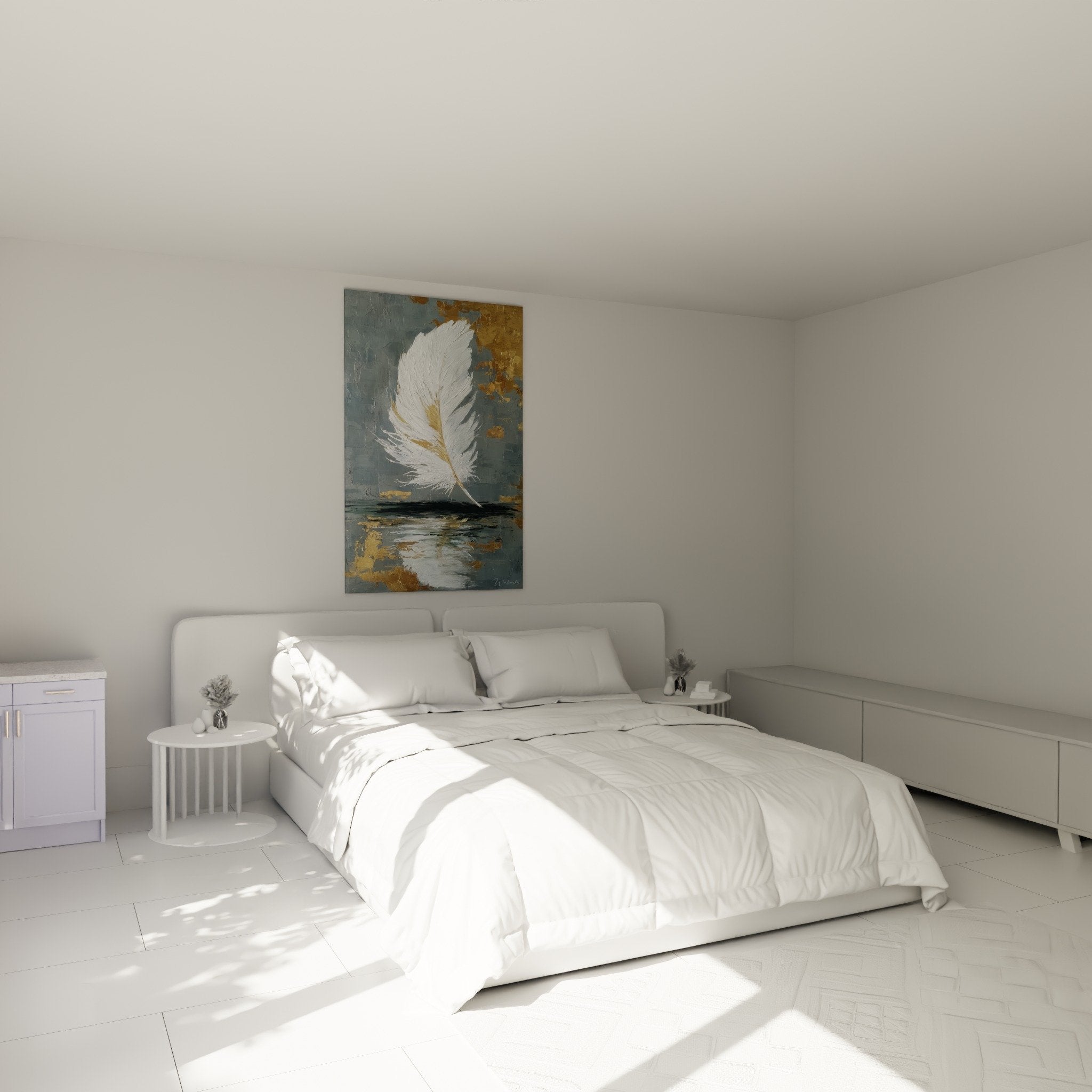Bedroom decoration with white and gold feather artwork creating a soothing and refined atmosphere