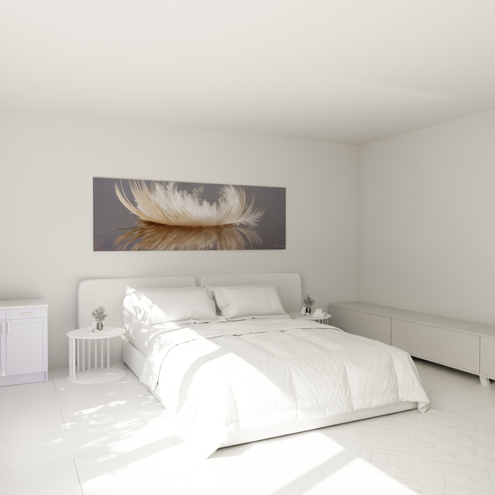tableau plume beige reflet miroir décorant chambre ambiance zen et apaisante